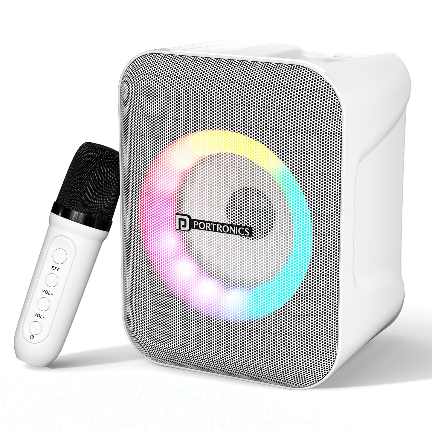 White portronics apollo one wireless mic speaker | sleek light colored speaker with a matching wireless mic rechargeable speaker | having duet singing sessions with family speakers | wireless mic speaker with light colored cabinet
