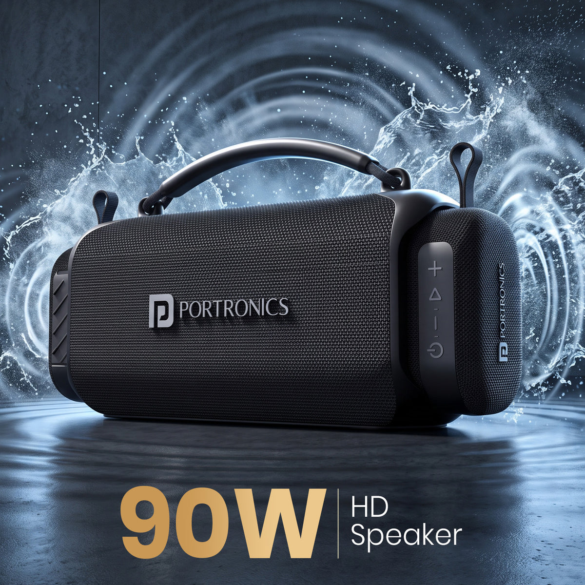 portronics auratrio 90w bluetooth speaker | powerful 90w hd audio output creating dynamic water sound waves high power bluetooth speaker | energetic room-filling audio for lively house parties premium party speaker | how loud is a 90w bluetooth speaker for house parties
