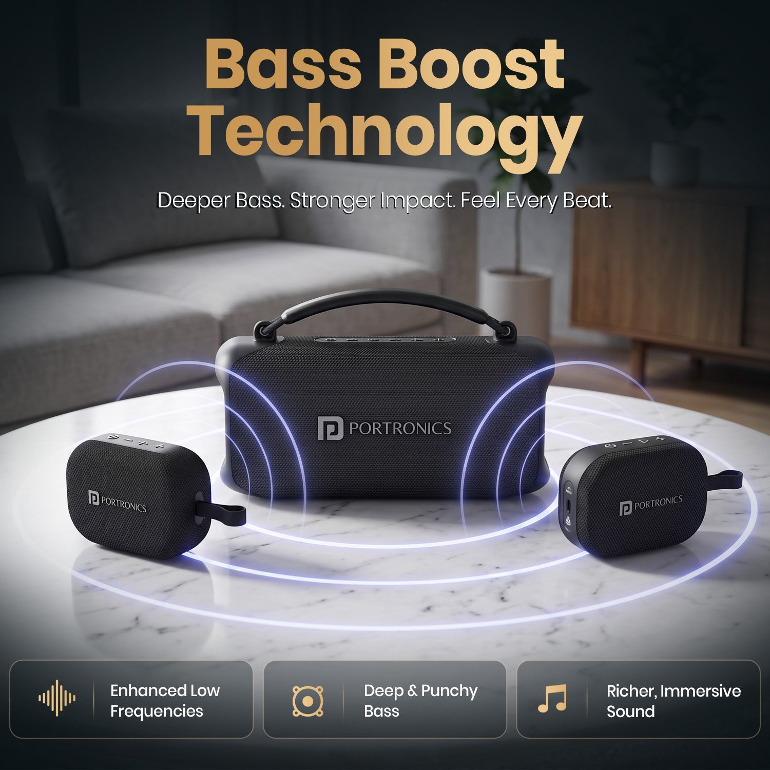 portronics auratrio bass boost speaker | bass boost acoustic wave projection delivering punchy low end frequencies immersive sound speaker | cinematic audio and deep bass enhancement for movies powerful bluetooth speaker | which bass boost speaker gives the best deep bass for movies