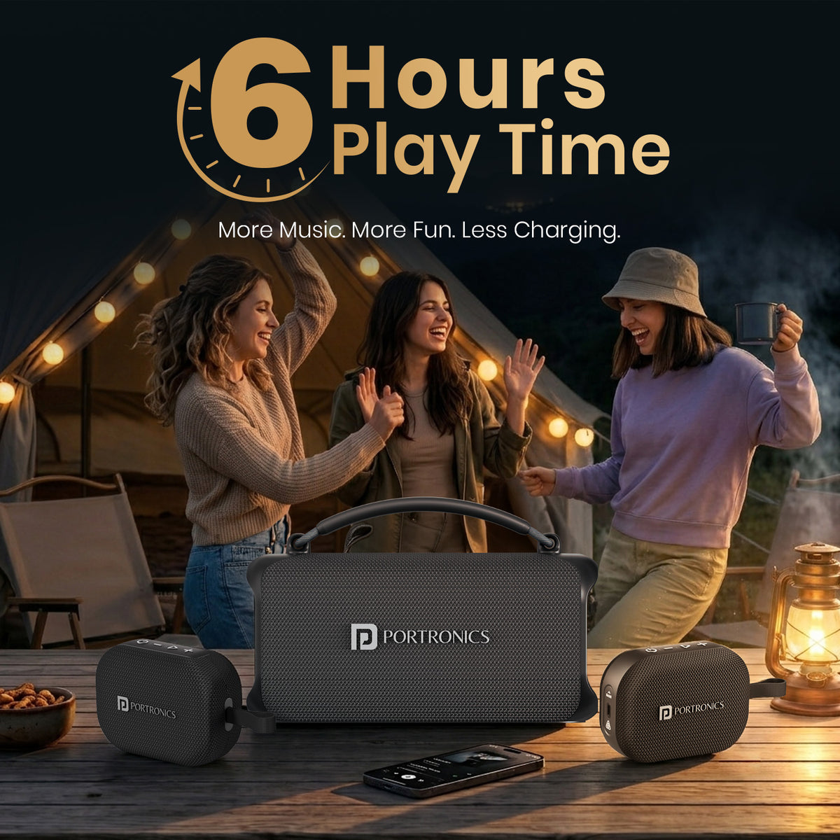 portronics auratrio portable bluetooth speaker | long lasting rechargeable battery offering up to 6 hours playtime rechargeable speaker | campfire music playback during outdoor gatherings and group hangouts party speaker | best rechargeable party speaker with 6 hours playtime for outdoor trips