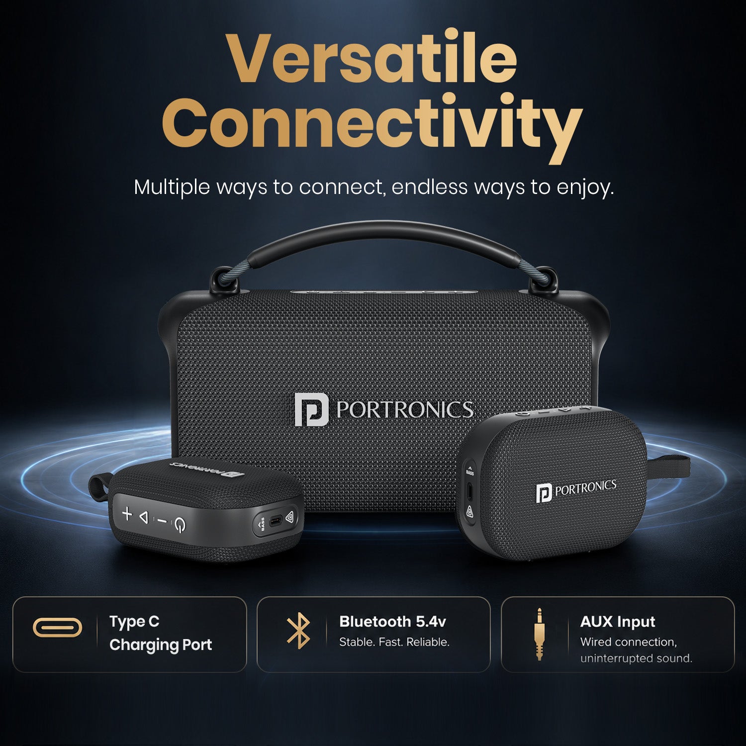 portronics auratrio type-c speaker | multiple input ports featuring type-c charging with aux and usb connectivity aux speaker | versatile media connectivity with phones laptops and flash drives usb speaker | portable bluetooth speaker with type-c fast charging and aux port