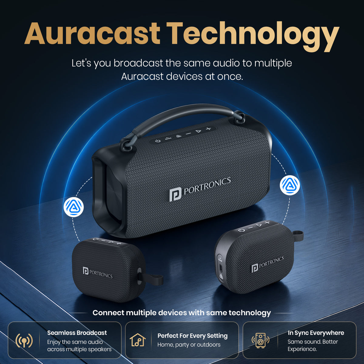 portronics auratrio wireless auracast speaker | auracast multi-speaker broadcast sync linking two detached satellite units wireless music system | expansive surround listening across shared spaces home audio speaker | how to broadcast audio to multiple devices with auracast speaker