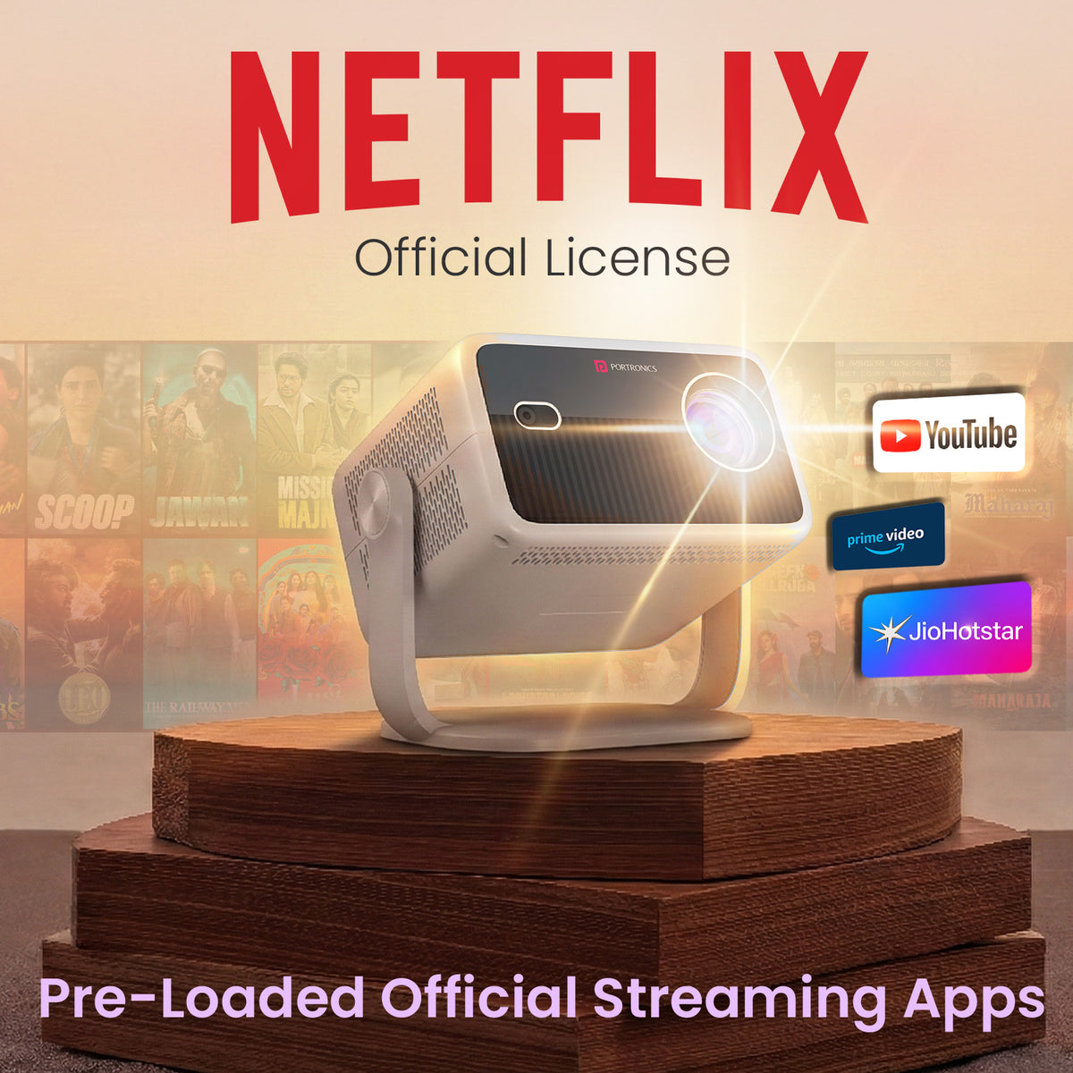 portronics beem 560 android smart projector | pre installed netflix youtube prime video streaming | ott movie watching entertainment projector | android projector for home with apps