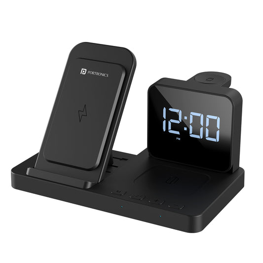 Black portronics bella 3 in 1 wireless charger stand | 15w rapid charging with integrated digital clock | executive desk hands free phone viewing | 3 in 1 wireless charger with clock