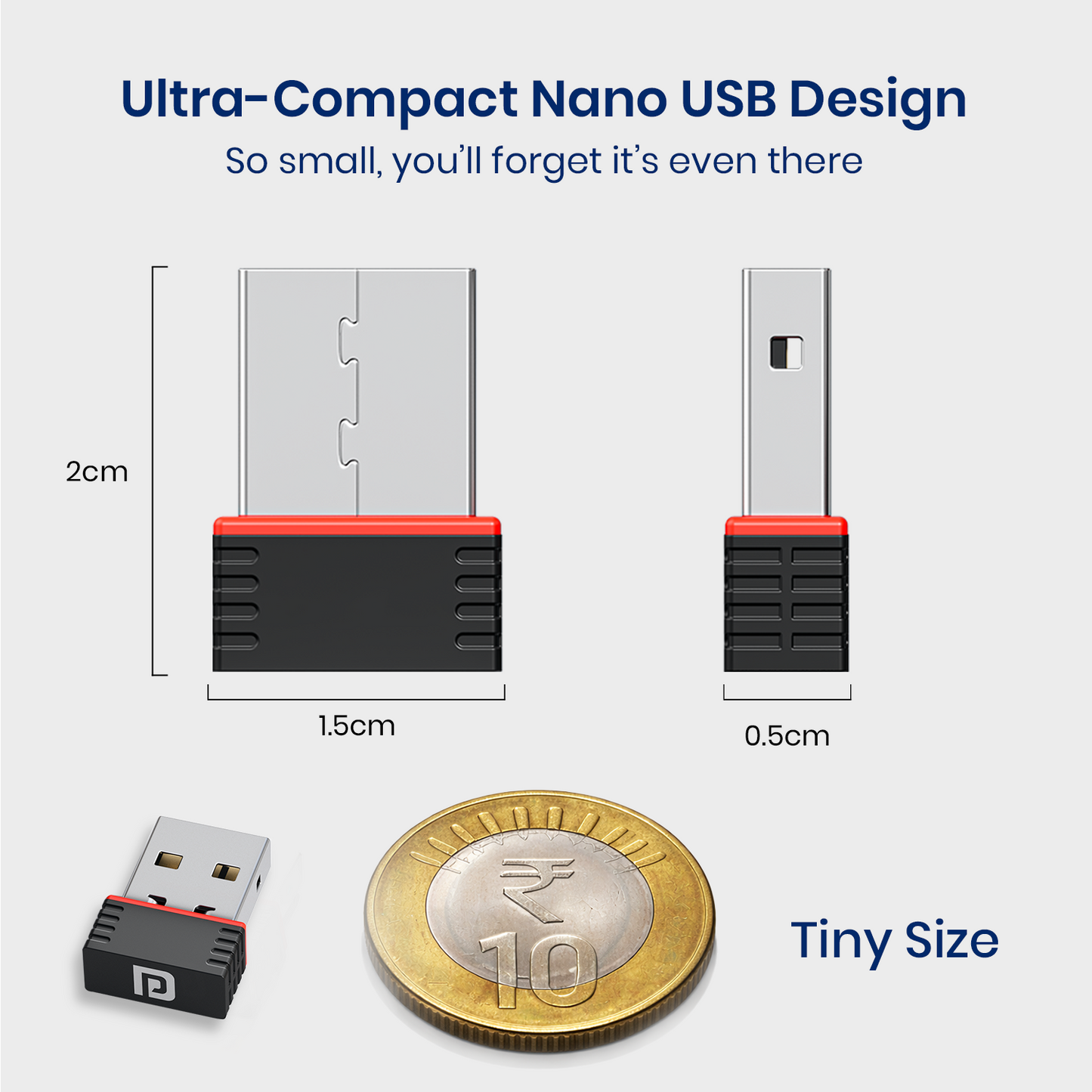 portronics bluefi ultra-compact nano usb design measuring 2cm x 1.5cm x 0.5cm smaller than a coin | mini wifi bluetooth dongle with nano usb form factor that stays flush with device reducing damage risk during travel and daily use | compact and portable wifi bluetooth dongle with tiny nano design for laptop and desktop that carries easily in any bag | best compact wifi adapter with nano usb design and ultra-small size for travel remote work and everyday use