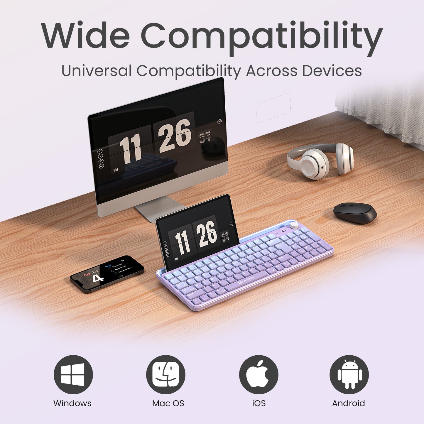 Purple portronics bubble 4.0 bluetooth keyboard for tablet and laptop with multi-device pairing via 3x bluetooth 5.3 and 2.4ghz wireless receiver | wireless keyboard connecting up to 4 devices including desktop tablet and smartphone seamlessly | keyboard laptop and computer keyboard with portronics bubble wireless multi-device support
