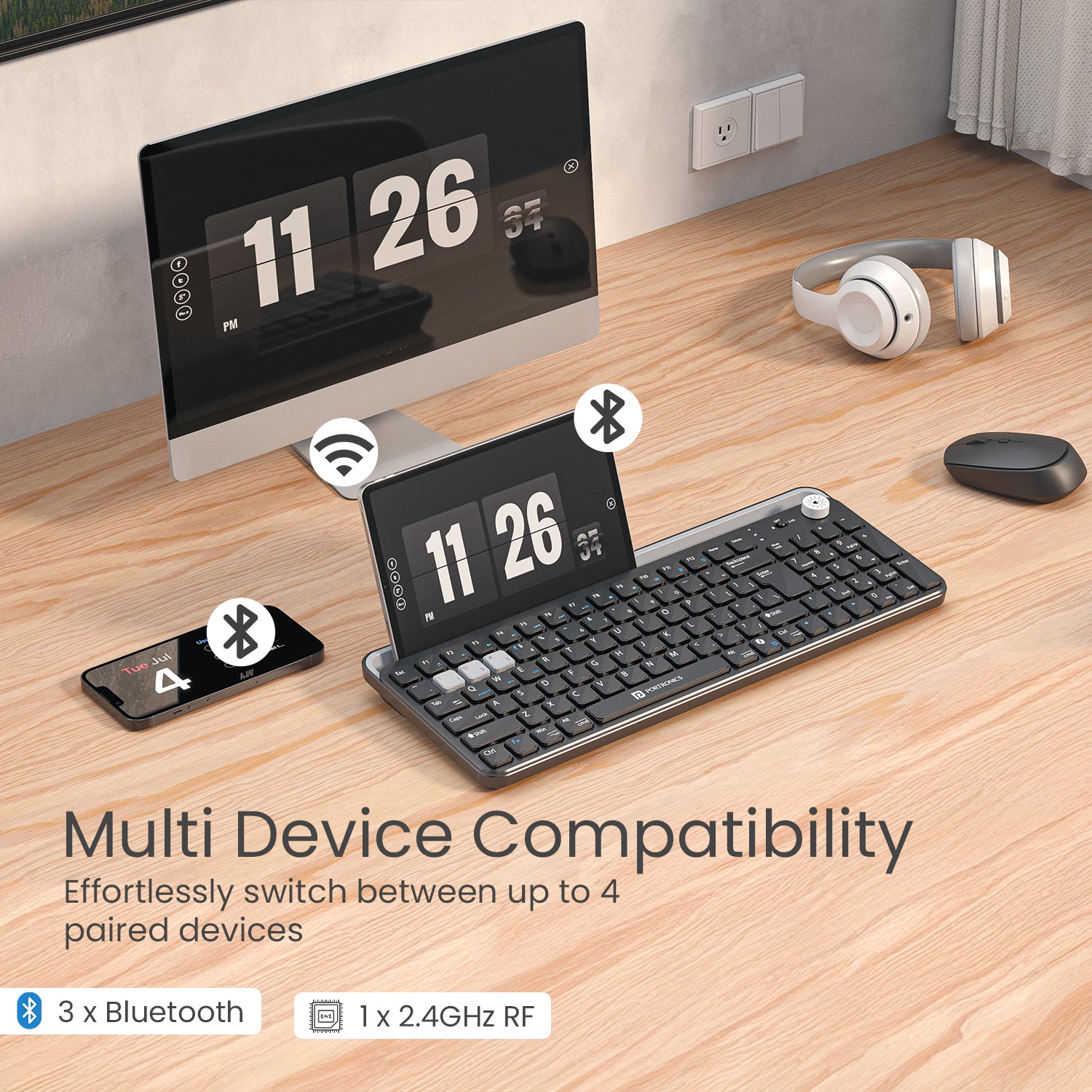 Black portronics bubble 4.0 bluetooth keyboard for tablet and laptop with multi device pairing via 3x bluetooth 5.3 and 1x 2.4ghz wireless receiver | wireless keyboard connecting up to 4 devices including computer desktop and smartphone | portronics bluetooth keyboard with effortless device switching for wireless laptop keyboard use
