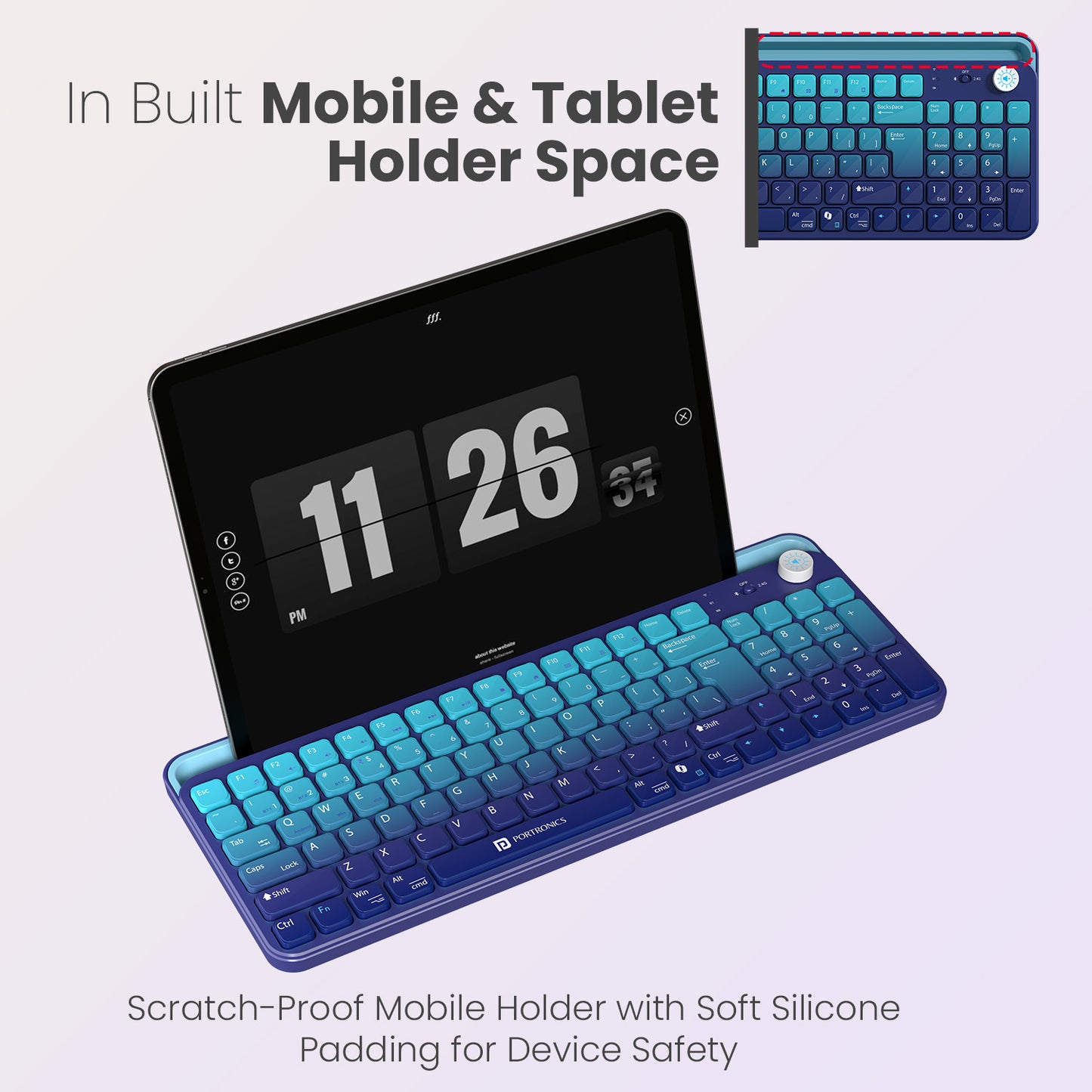Blue portronics bubble 4.0 tablet keyboard with scratch-proof built-in mobile and tablet holder with soft silicone device protection | wireless keyboard with built-in device stand for smartphone and tablet wireless keyboard use | bluetooth keyboard for tablet with integrated holder for ergonomic hands-free typing and browsing