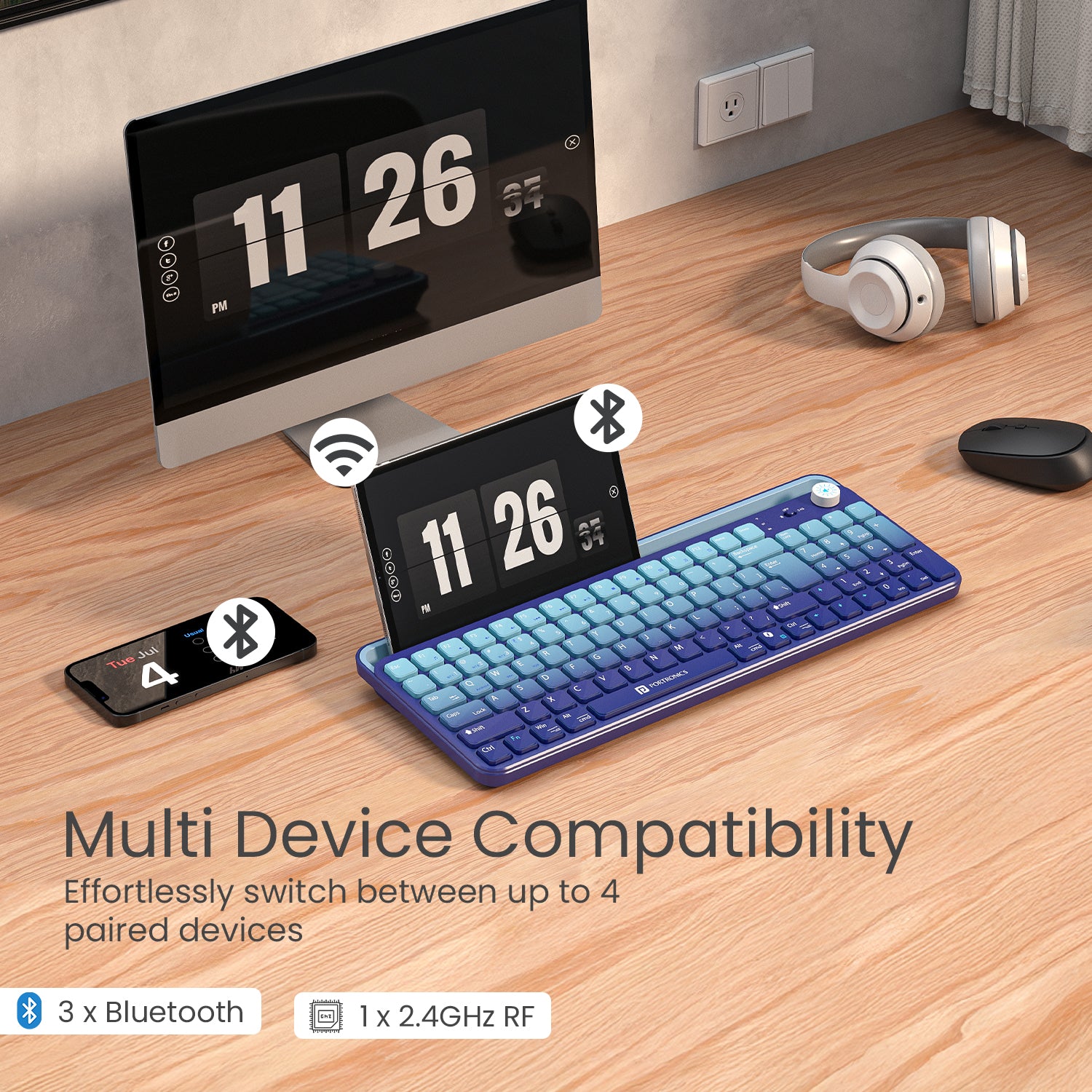 Blue portronics bubble 4.0 bluetooth keyboard supporting up to 4 paired devices via 3 bluetooth connections and 1x 2.4ghz wireless receiver | wireless keyboard for laptop desktop tablet and smartphone with smooth device switching | keyboard laptop and computer keyboard with portronics bluetooth keyboard multi-device pairing