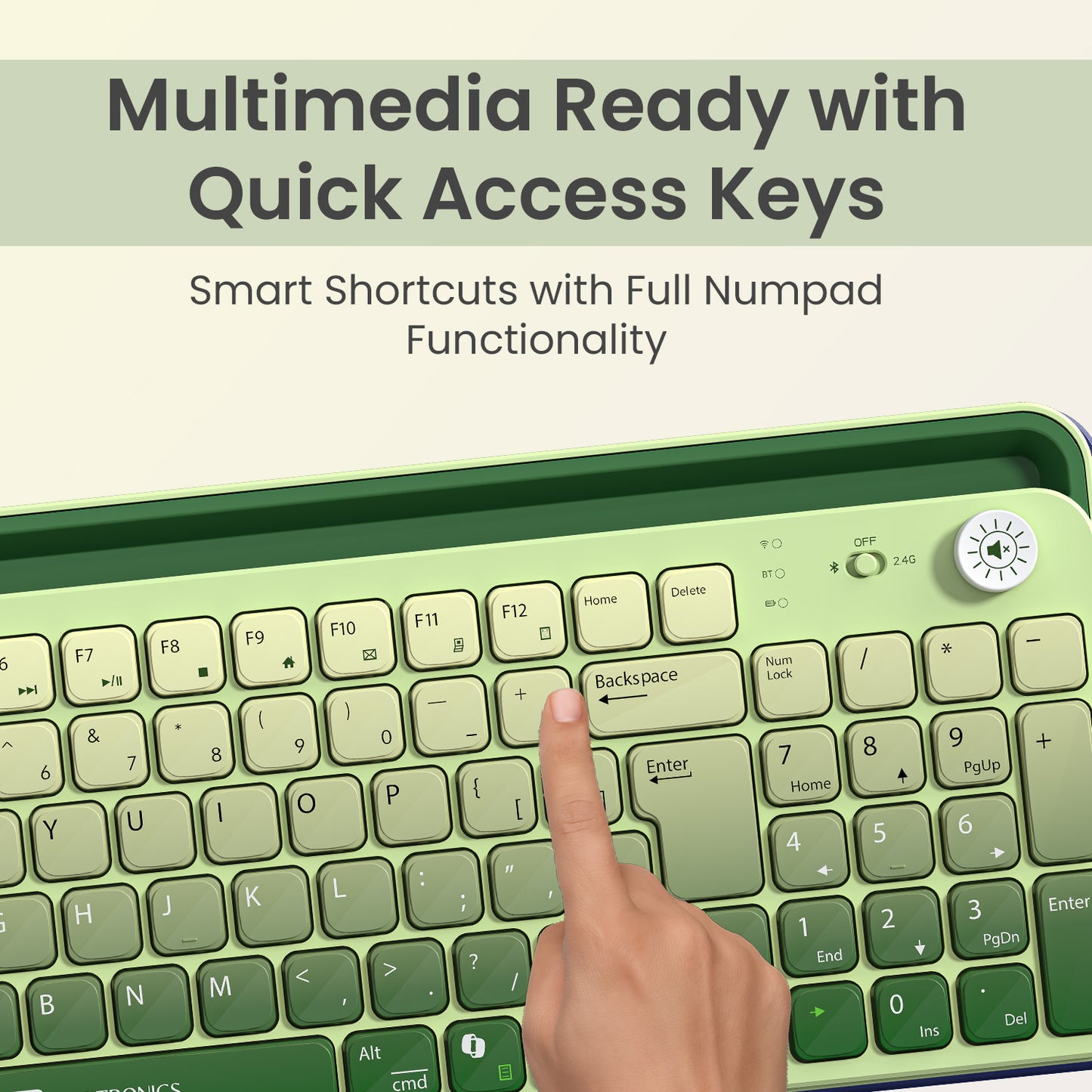 Green portronics bubble 4.0 full-size wireless keyboard with numpad multimedia keys and microsoft co-pilot shortcut for enhanced productivity | keyboard for laptop and tablet keyboard with numeric keypad for faster data entry and calculations | wireless keyboard with numpad and smart shortcut keys for computer keyboard and keyboard laptop users