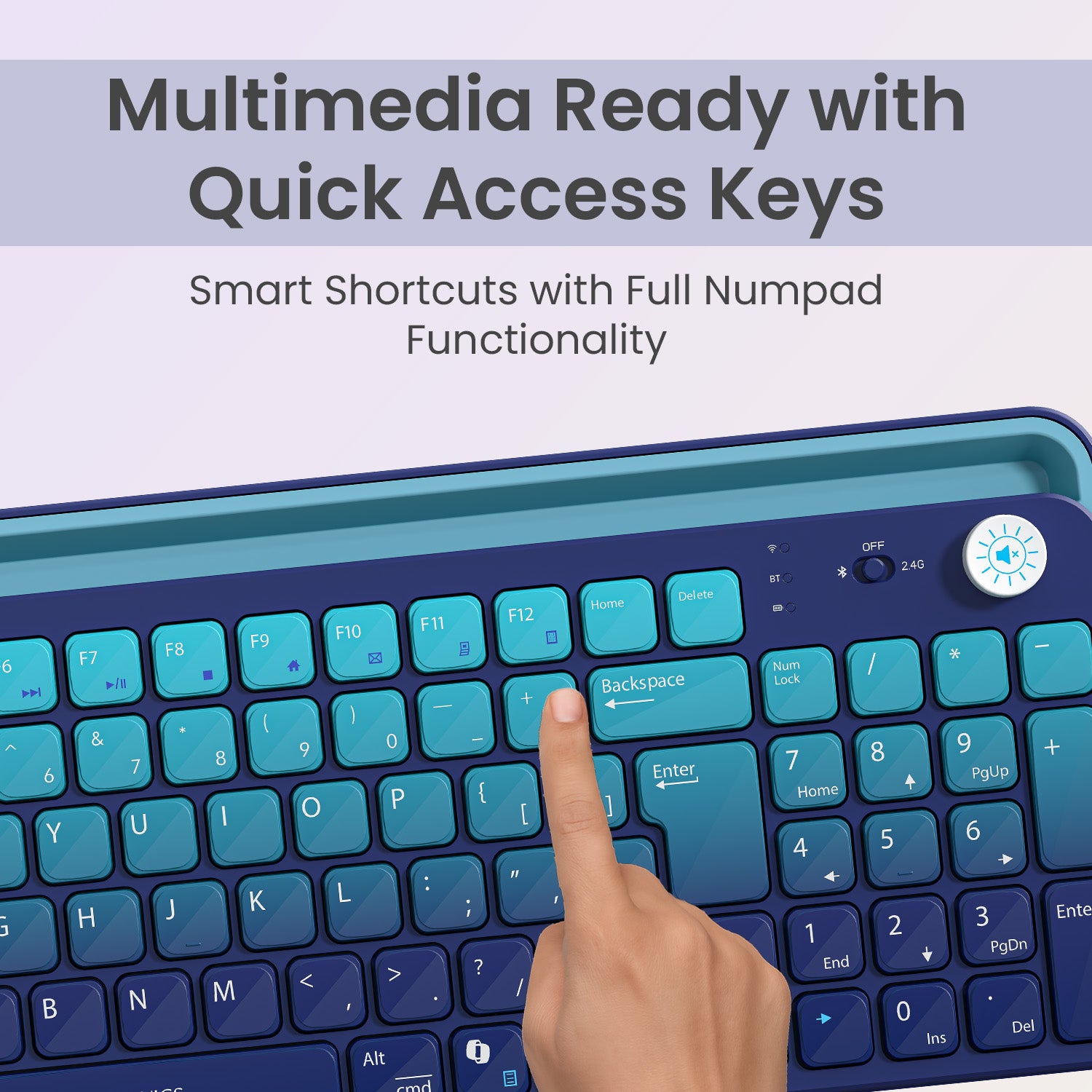 Blue portronics bubble 4.0 full-size wireless keyboard with numpad and multimedia quick access shortcut keys for faster workflow | keyboard for laptop and tablet keyboard with numeric keypad for calculations and data entry | wireless keyboard with numpad and microsoft co-pilot key for computer keyboard productivity