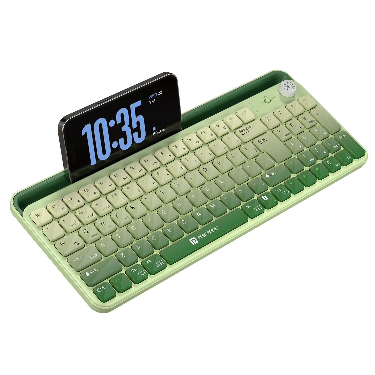 Green portronics bubble 4.0 wireless keyboard with in-built mobile holder volume knob and rechargeable battery for productive desk setup | bluetooth keyboard for tablet and full-size wireless keyboard with numpad for laptop and computer | portronics bluetooth keyboard for wireless laptop keyboard and keyboard laptop use