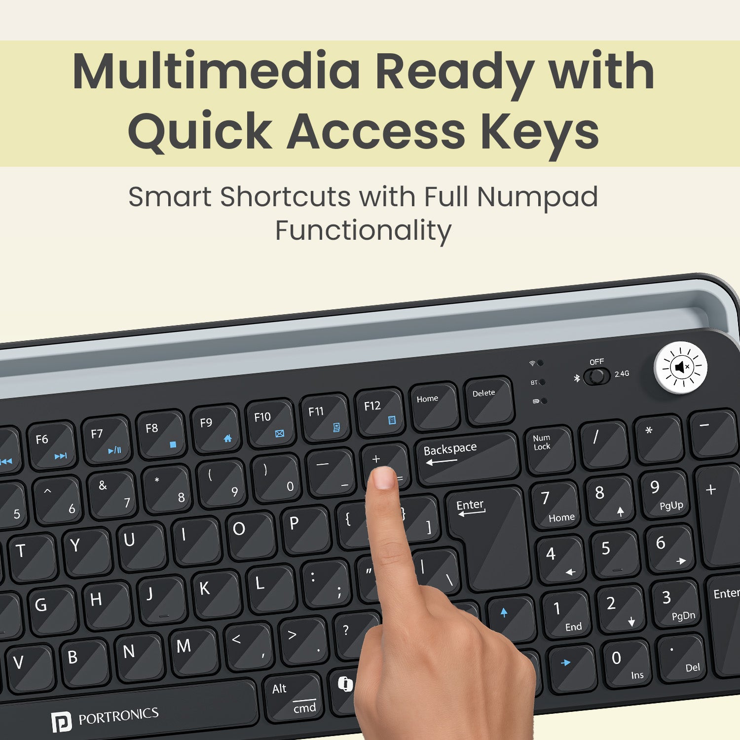 Black portronics bubble 4.0 full-size wireless keyboard with numpad multimedia shortcut keys and dedicated microsoft co-pilot key | keyboard laptop and computer keyboard with smart shortcuts for faster data entry calculations and office work | wireless laptop keyboard with integrated numpad and quick access multimedia keys for productivity