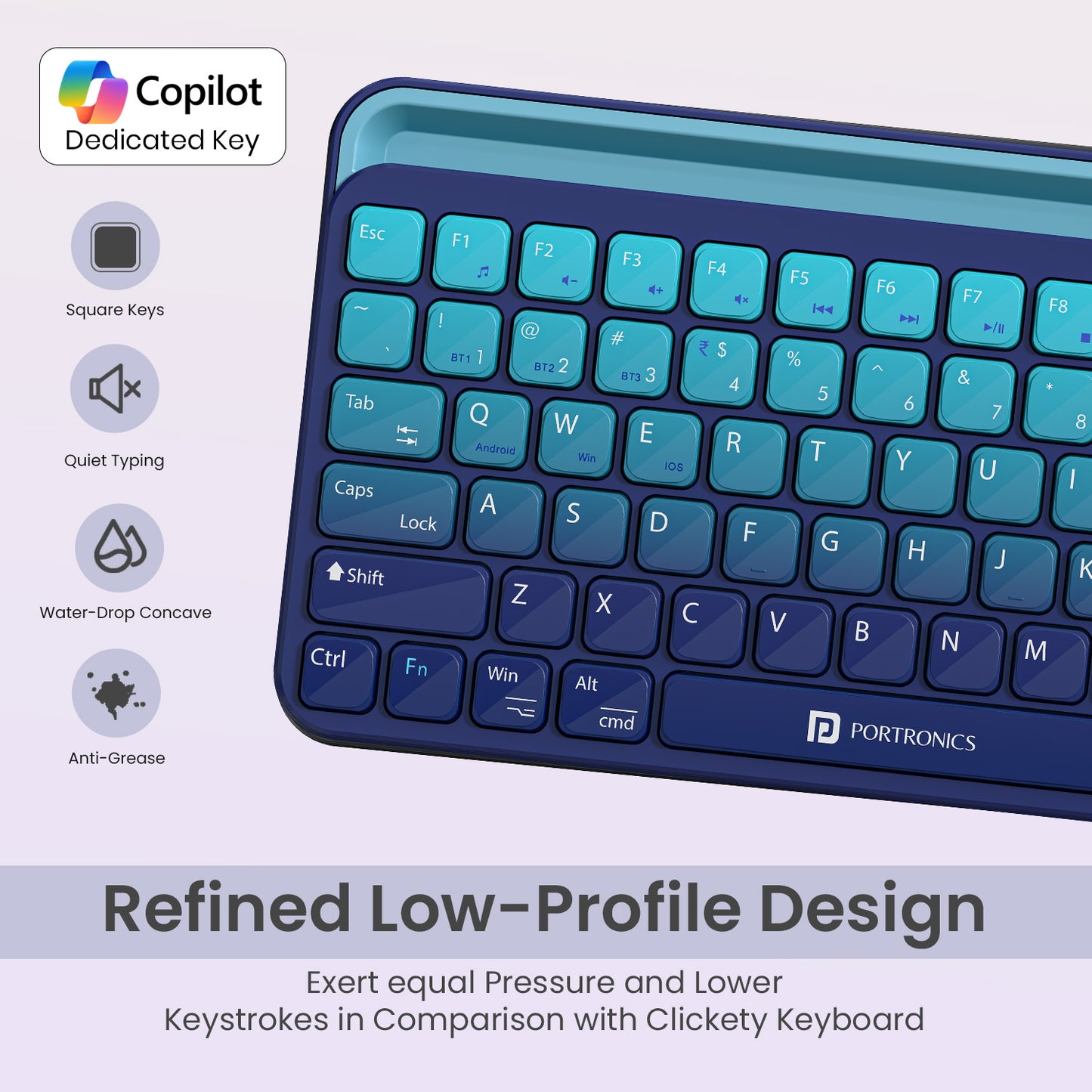 Blue portronics bubble 4.0 mini keyboard with refined low-profile sleek design for comfortable typing and portability | rechargeable wireless keyboard with lightweight compact build ideal for travel work and study | wireless laptop keyboard and keyboard for laptop with elegant design for modern desk setups