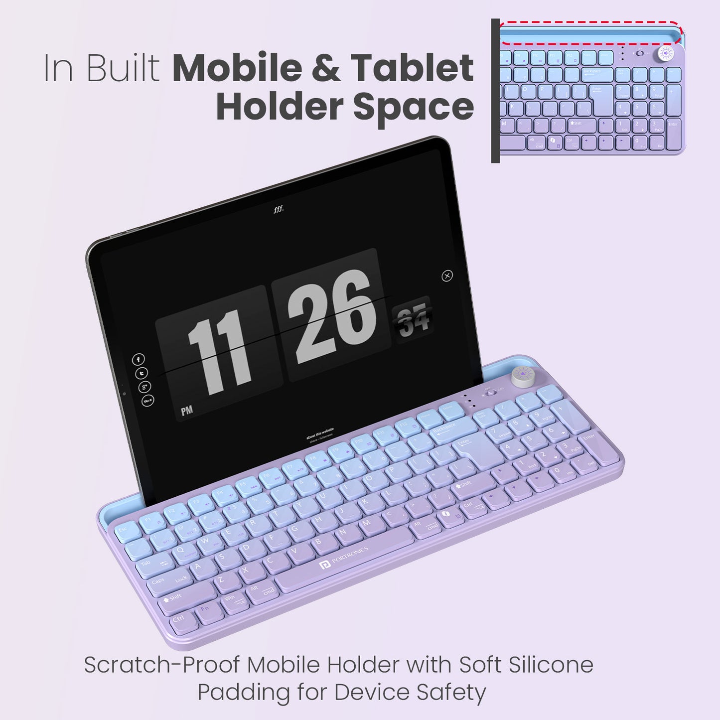 Purple portronics bubble 4.0 tablet keyboard with in-built scratch-proof mobile holder and soft silicone padding for safe device placement during typing | wireless keyboard with integrated device stand for hands-free smartphone and tablet wireless keyboard use | bluetooth keyboard for tablet with built-in holder for ergonomic wireless keyboard typing and browsing setup