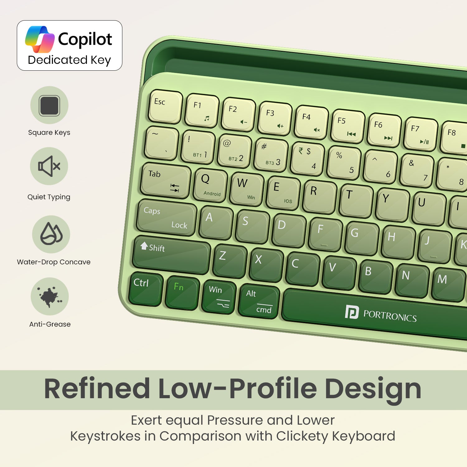 Green portronics bubble 4.0 mini keyboard with refined low-profile sleek design for comfortable typing and portability | rechargeable wireless keyboard with lightweight compact build ideal for travel work and study | wireless laptop keyboard and keyboard for laptop with elegant design for modern desk setups