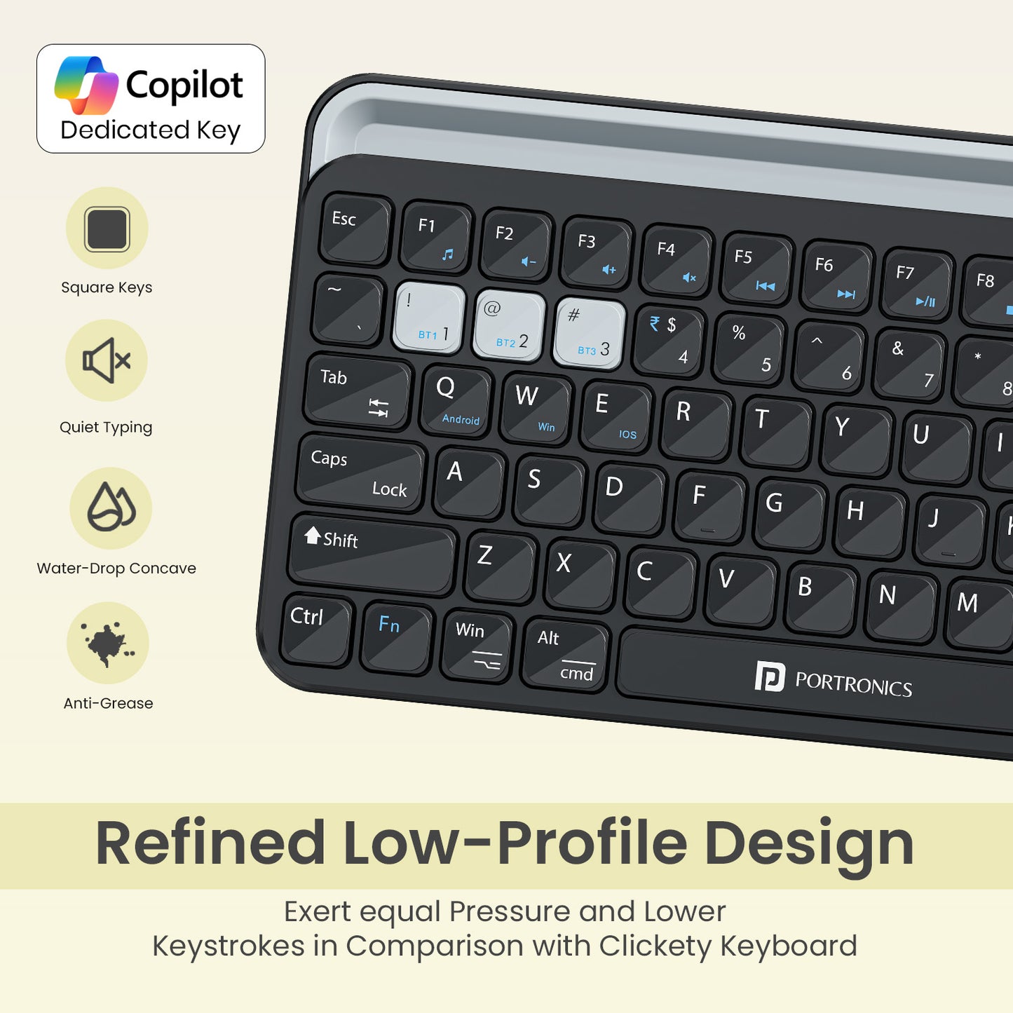 Black portronics bubble 4.0 mini keyboard with refined low-profile sleek design for comfortable typing and portability | rechargeable wireless keyboard with lightweight compact build ideal for travel work and study | wireless laptop keyboard and keyboard for laptop with elegant design for modern desk setups
