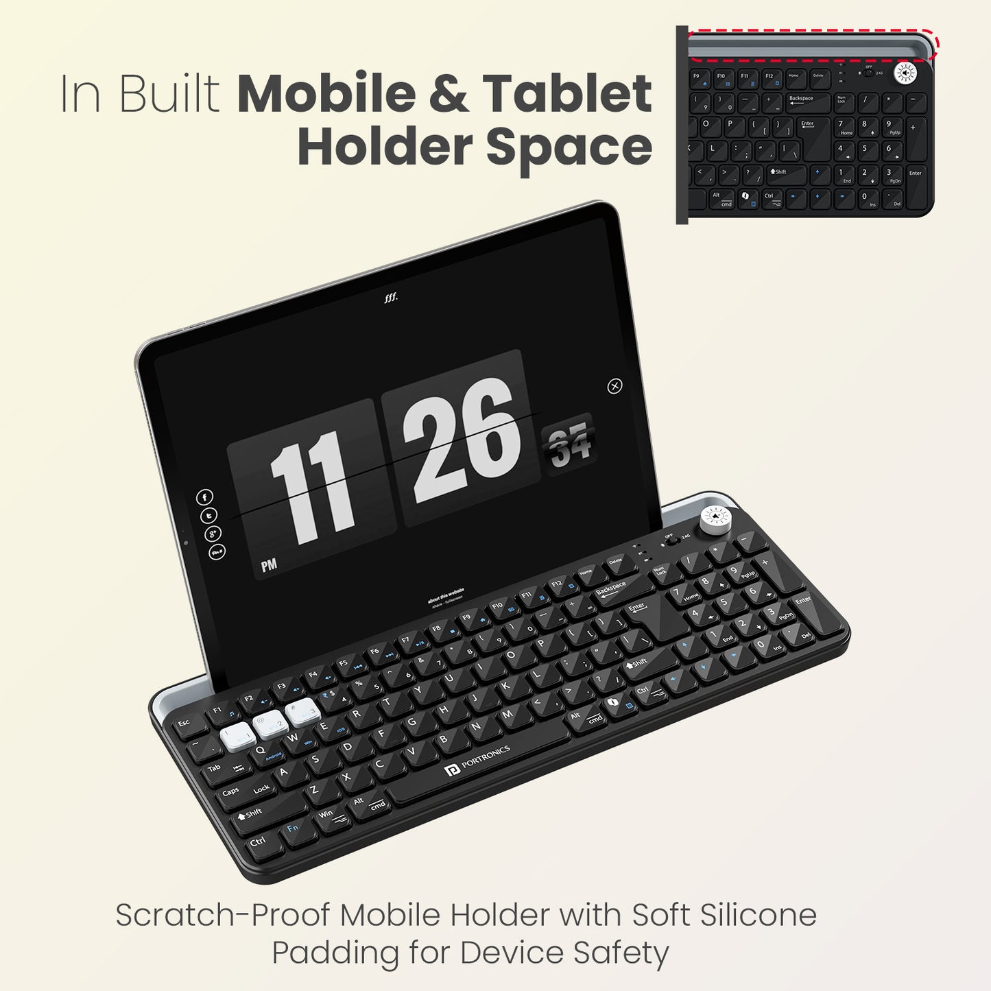 Black portronics bubble 4.0 tablet keyboard with in-built scratch-proof mobile and tablet holder with soft silicone padding for device safety | wireless keyboard with built-in holder for ergonomic typing and browsing on smartphone and tablet | tablet wireless keyboard and bluetooth keyboard for tablet with integrated device stand for hands-free use
