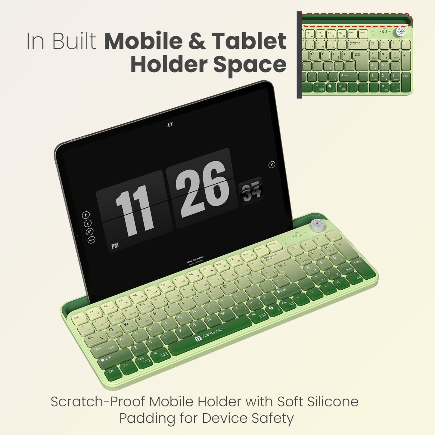 Green portronics bubble 4.0 tablet keyboard with mobile holder and soft silicone padding for safe device placement | wireless keyboard with integrated device stand for hands-free smartphone and tablet use | bluetooth keyboard for tablet with built-in holder for ergonomic wireless keyboard typing and browsing setup