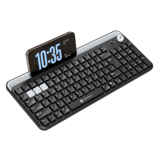 Black portronics bubble 4.0 wireless keyboard with built-in mobile and tablet holder for clean and ergonomic desk setup | rechargeable wireless keyboard with integrated numpad and volume control knob | full-size wireless keyboard with numpad for laptop desktop tablet and smartphone