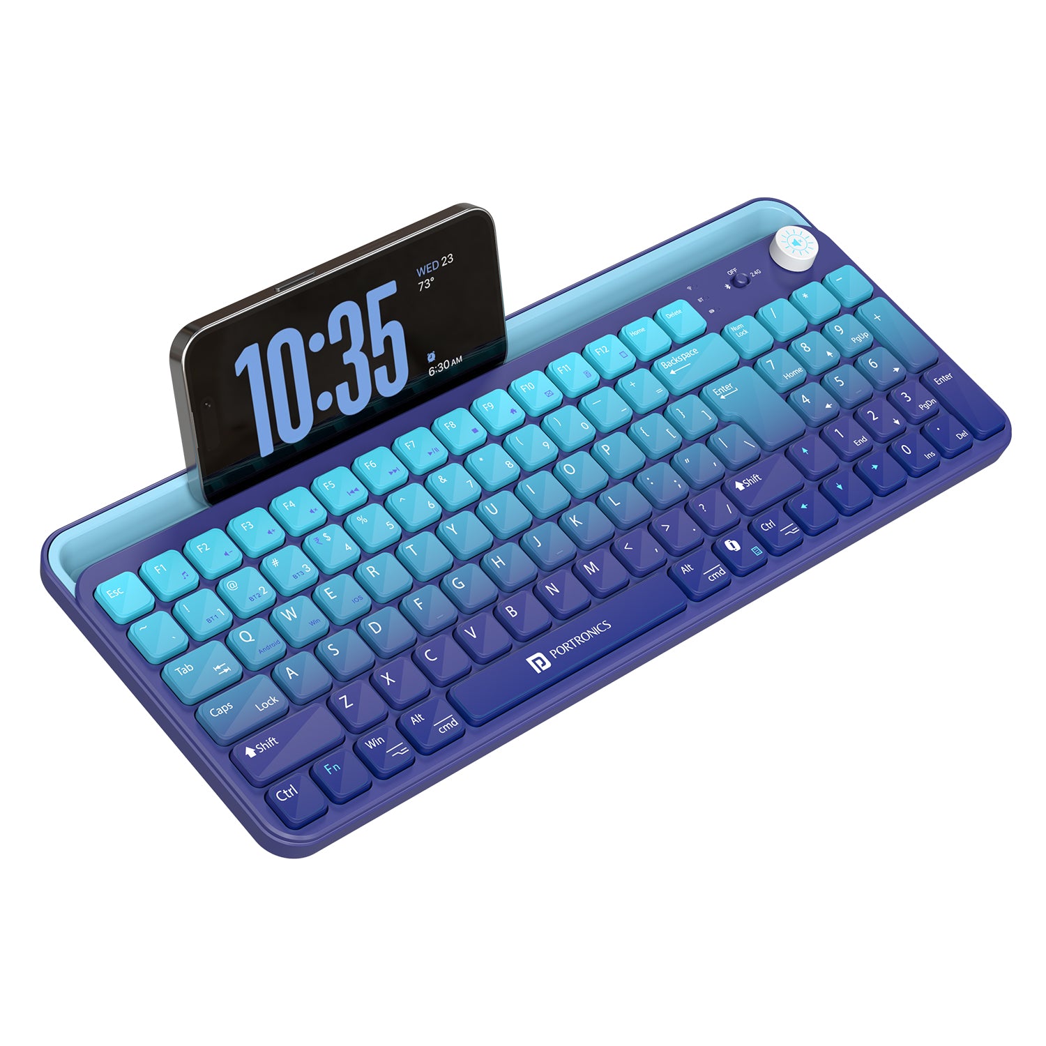 Blue portronics bubble 4.0 wireless keyboard with in-built mobile holder rechargeable battery and numpad for stylish productive workspace | bluetooth keyboard for tablet and laptop keyboard with volume knob and full-size wireless keyboard with numpad layout | portronics bubble rechargeable wireless keyboard for computer and tablet use