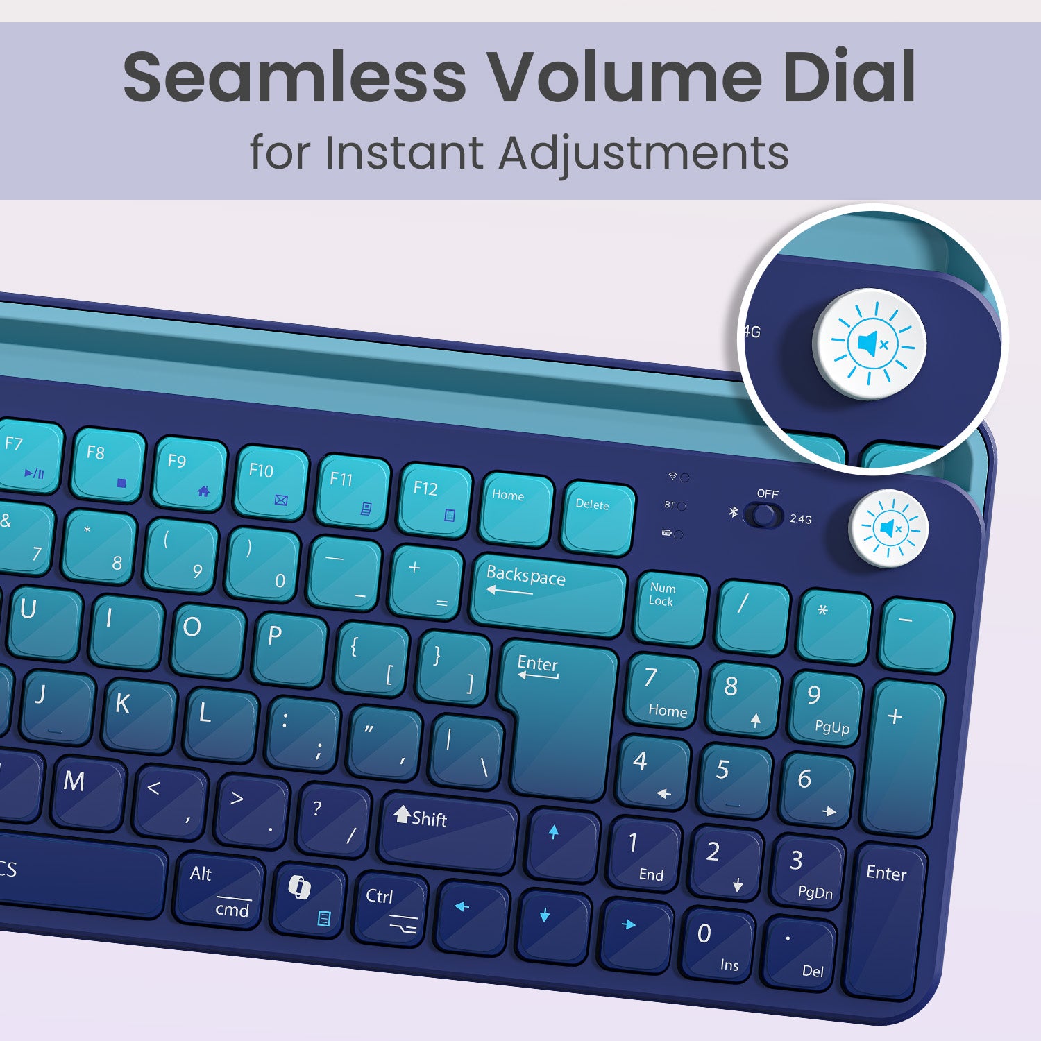 Blue portronics bubble 4.0 wireless keyboard with multi-function volume knob for rotate-to-adjust and press-to-mute audio control | bluetooth keyboard for tablet and laptop keyboard with seamless volume dial for instant adjustments | portronics bubble wireless laptop keyboard with volume control knob for computer and keyboard laptop audio control