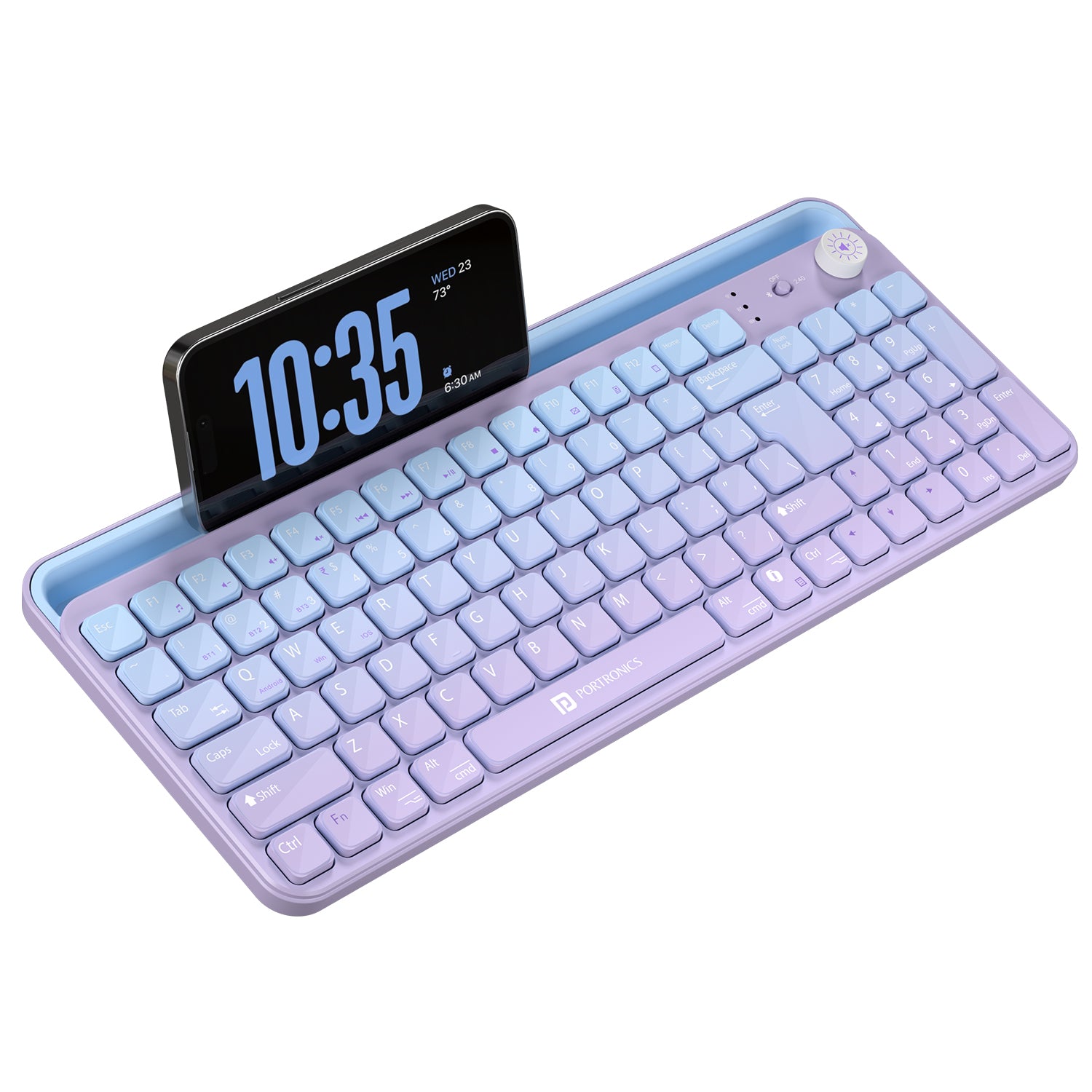 Purple portronics bubble 4.0 wireless keyboard with built-in mobile and tablet holder volume knob and rechargeable battery for clean desk productivity | bluetooth keyboard for tablet and full-size wireless keyboard with numpad for laptop and computer | portronics bluetooth keyboard for wireless laptop keyboard and keyboard laptop use| best computer accessories online