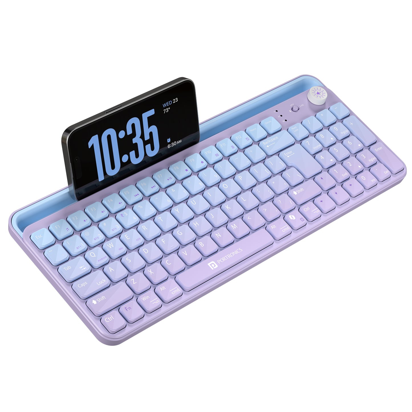 Purple portronics bubble 4.0 wireless keyboard with built-in mobile and tablet holder volume knob and rechargeable battery for clean desk productivity | bluetooth keyboard for tablet and full-size wireless keyboard with numpad for laptop and computer | portronics bluetooth keyboard for wireless laptop keyboard and keyboard laptop use| best computer accessories online