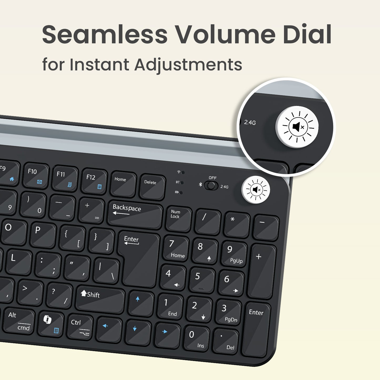 Black portronics bubble 4.0 wireless keyboard with seamless multi-function volume knob for instant audio control and mute | keyboard for laptop and tablet keyboard with rotate-to-adjust and press-to-mute volume dial | portronics bluetooth keyboard with premium volume control knob for wireless and computer keyboard audio management
