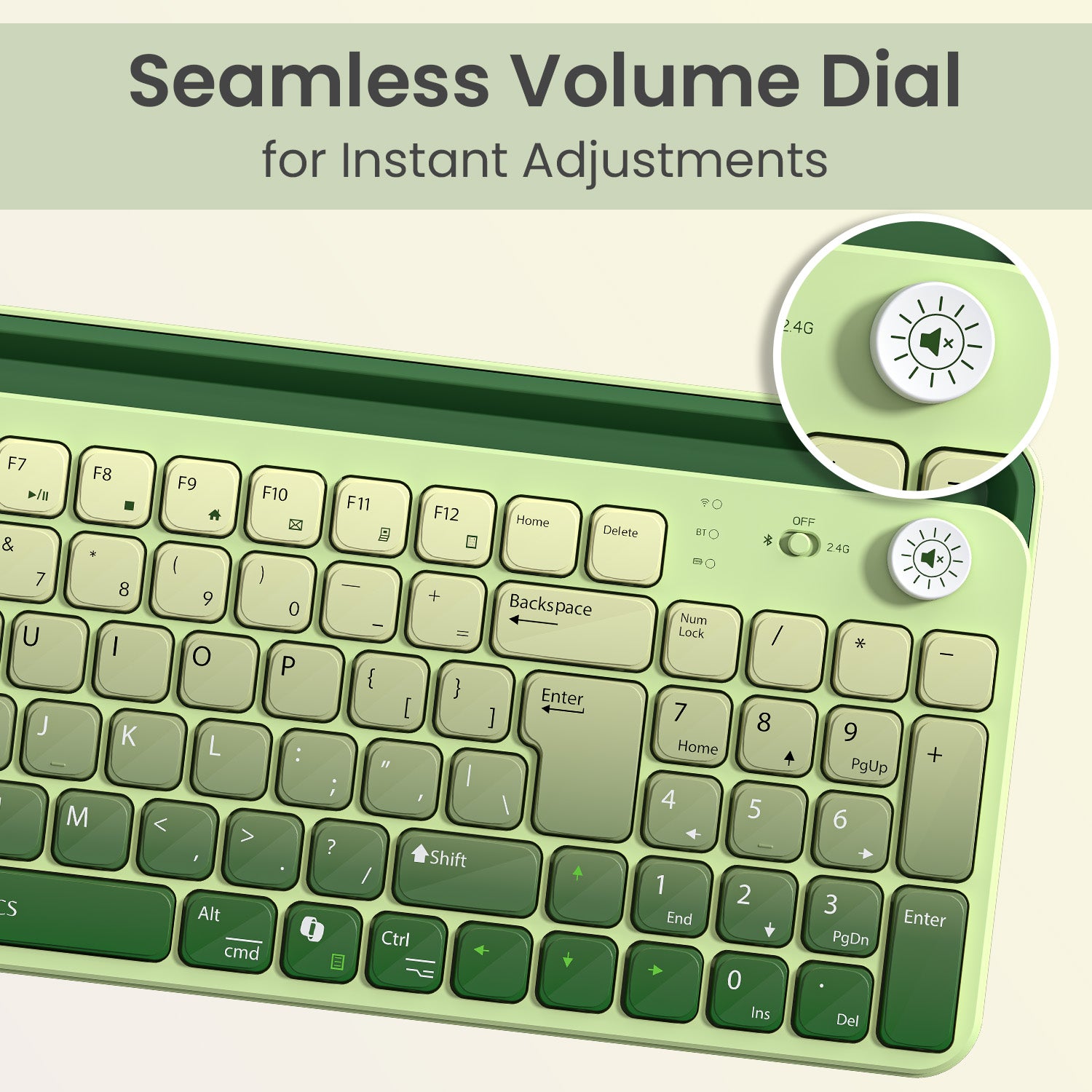 Green portronics bubble 4.0 wireless keyboard with seamless volume control knob for rotating to adjust and pressing to mute audio instantly | bluetooth keyboard for tablet and laptop keyboard with premium multi-function volume dial | portronics bubble wireless laptop keyboard with volume knob for computer and keyboard use
