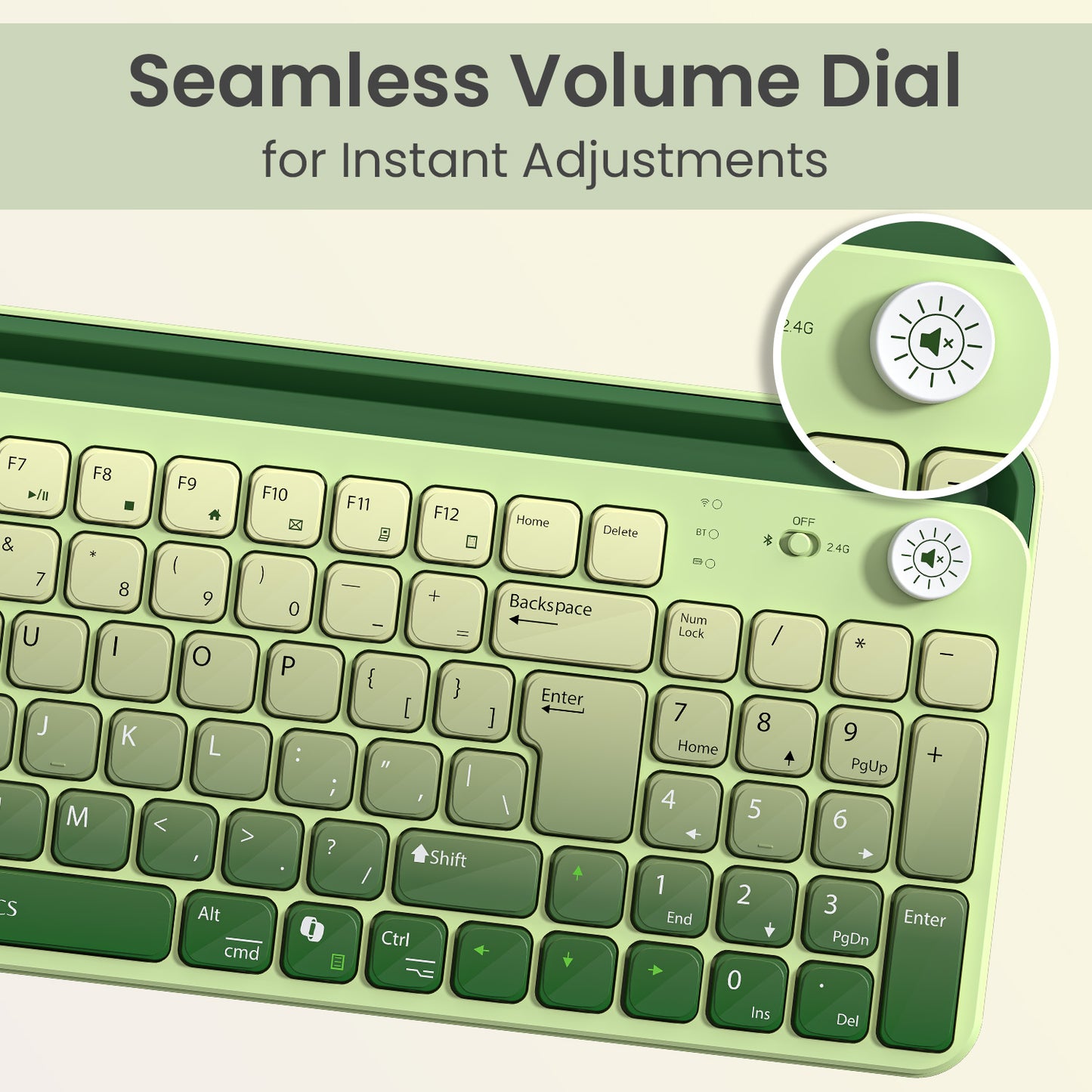 Green portronics bubble 4.0 wireless keyboard with seamless volume control knob for rotating to adjust and pressing to mute audio instantly | bluetooth keyboard for tablet and laptop keyboard with premium multi-function volume dial | portronics bubble wireless laptop keyboard with volume knob for computer and keyboard use
