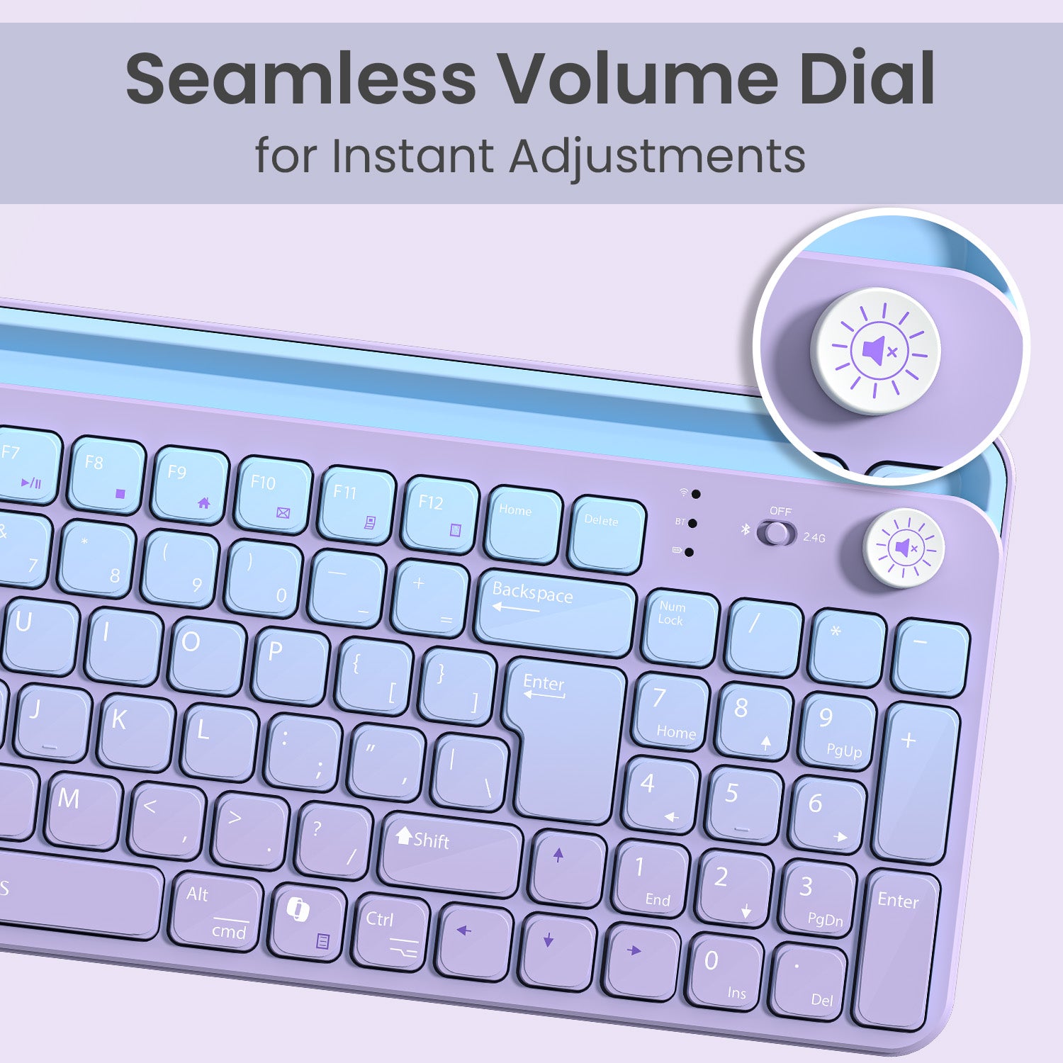 Purple portronics bubble 4.0 wireless keyboard with seamless volume control knob for rotating to adjust and pressing to mute audio instantly | bluetooth keyboard for tablet and laptop keyboard with premium multi-function volume dial for smooth audio management | portronics bubble wireless laptop keyboard with volume knob for effortless computer keyboard audio control