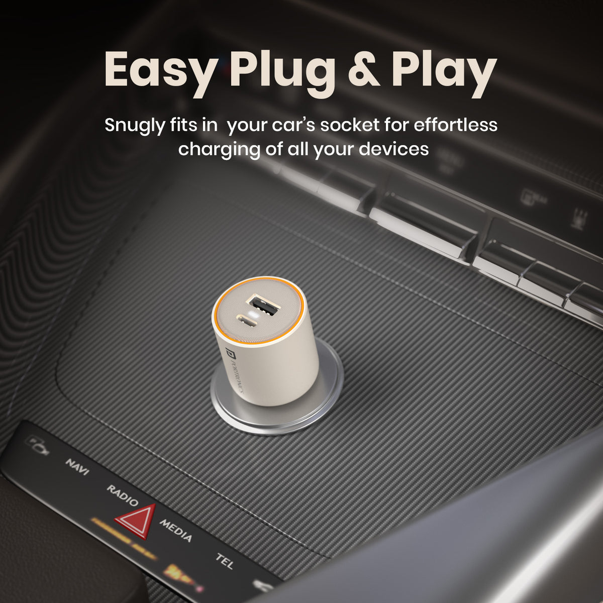 portronics car power 65 pro 12v car charger | snug fitting spring loaded lateral shrapnel contacts delivering a flush wobble free grip inside car auxiliary sockets | ensuring seamless plug and play electrical contact without disconnecting over speed bumps | flush fit 12v car charger for vehicle dashboard socket