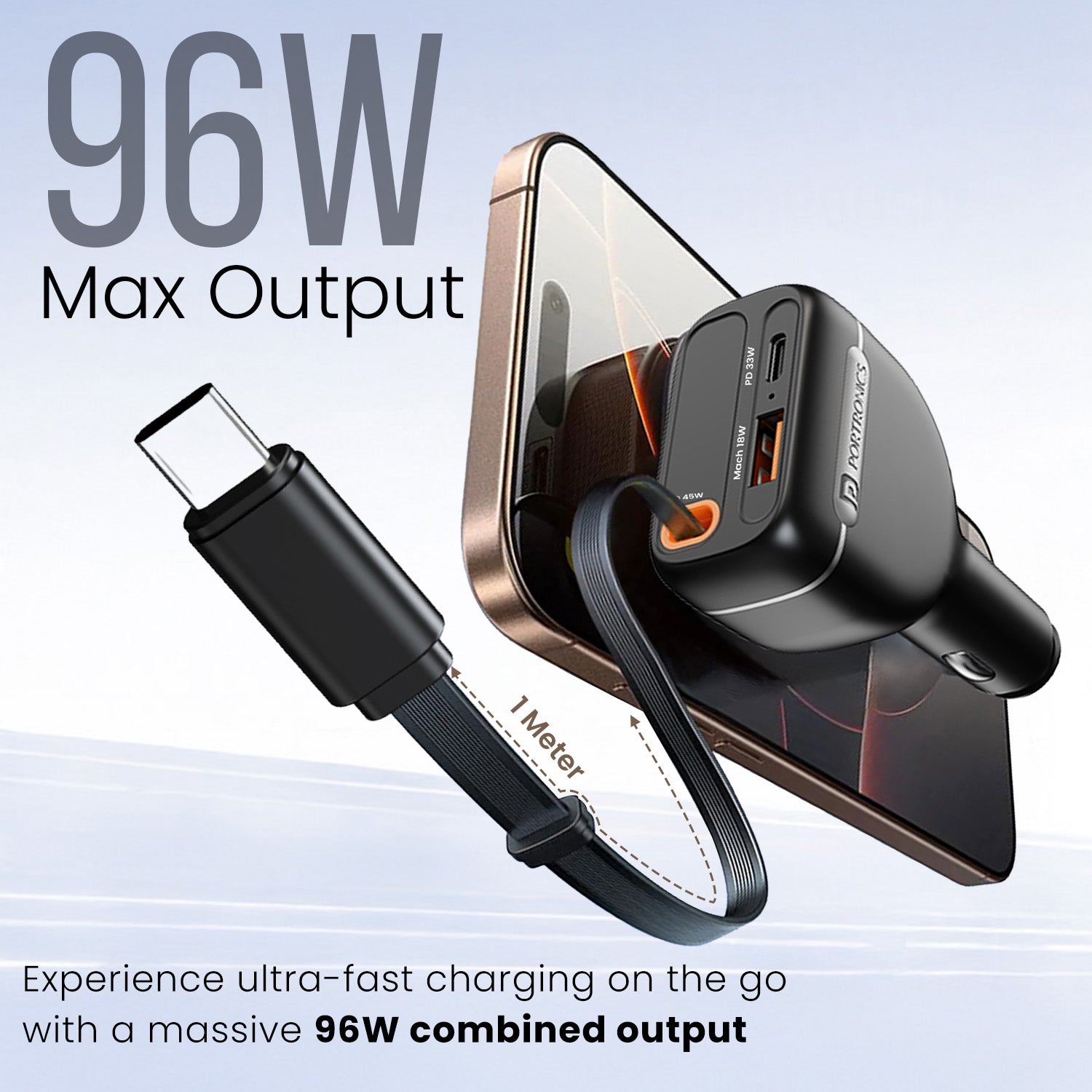portronics car power neo 96w car charger | combined high power ninety six watt rapid charging system with one meter extendable type c lead | turbo charging high drain smartphones quickly during short city commutes and intercity travels | high power 96w car charger for iphone and android