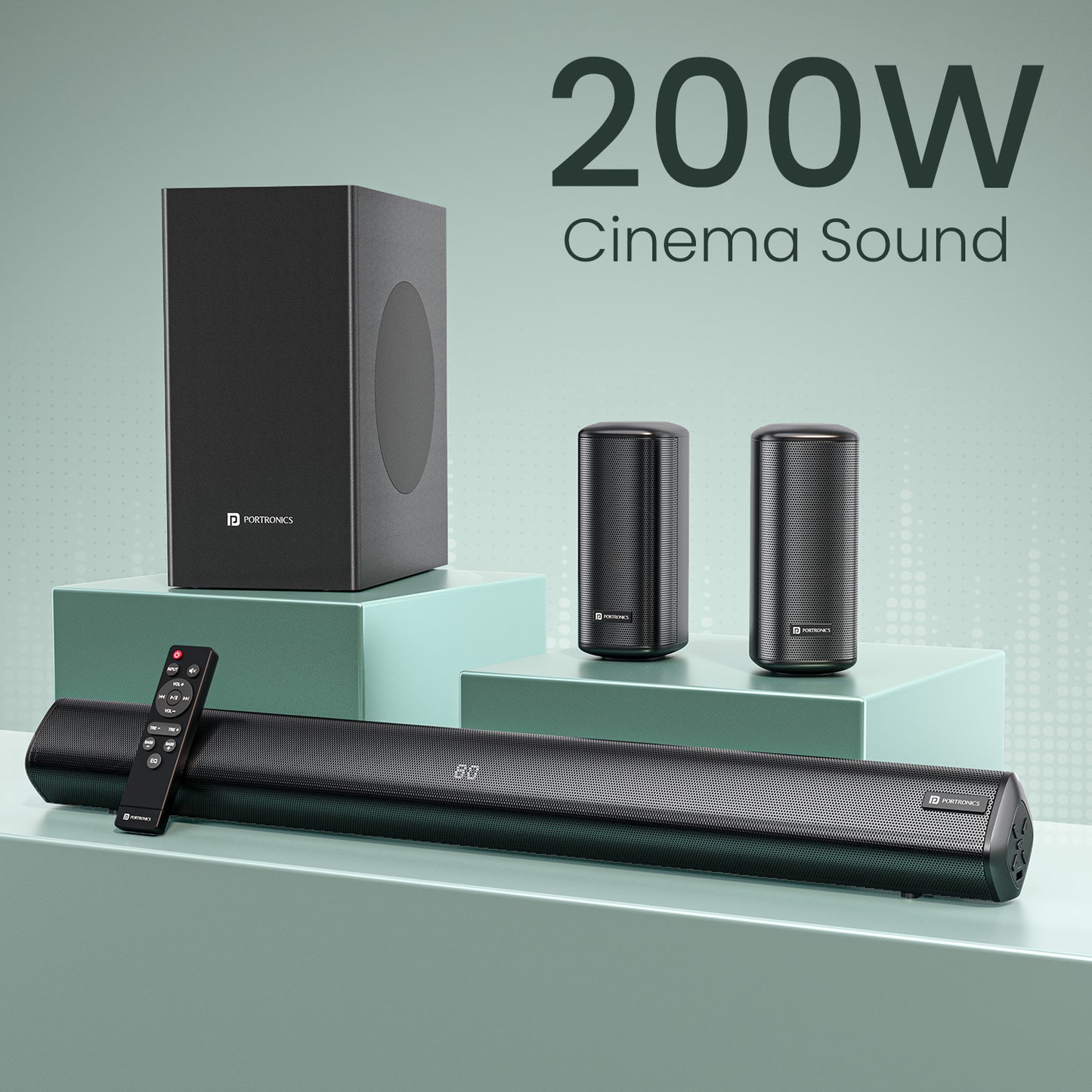 portronics cinearc 200W soundbar with subwoofer 5.1 channel home theatre system with wired subwoofer dual satellite speakers and IR slim remote for powerful cinema sound | best soundbar in india with deep bass | bluetooth home theatre system under 10000