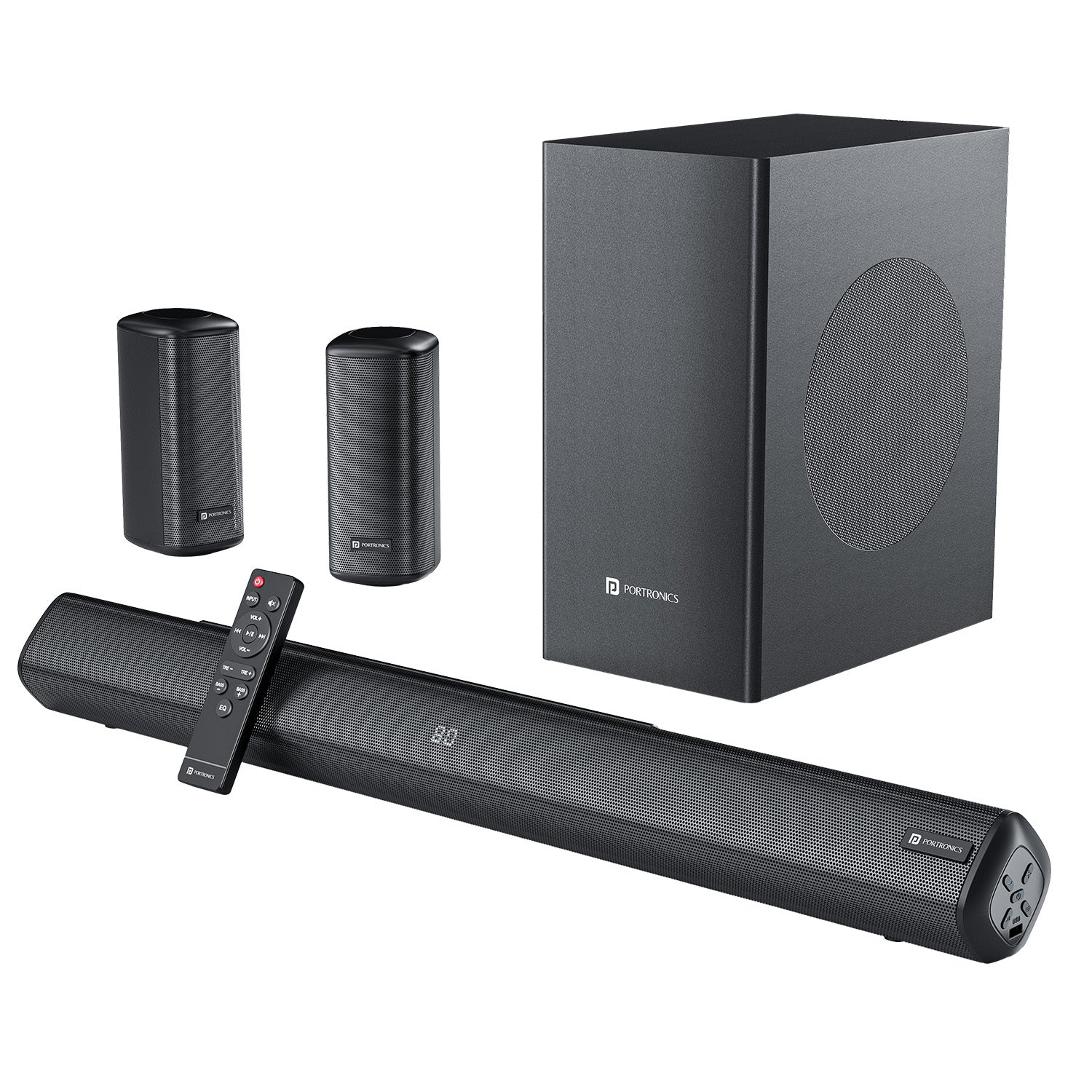portronics cinearc 5.1 channel home theatre with soundbar wired subwoofer and dual satellite speakers cinema style setup for immersive surround sound at home | best home theatre system in india under 10000 | buy 5.1 soundbar with subwoofer online india