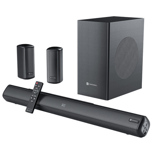 portronics cinearc 5.1 channel home theatre with soundbar wired subwoofer and dual satellite speakers cinema style setup for immersive surround sound at home | best home theatre system in india under 10000 | buy 5.1 soundbar with subwoofer online india