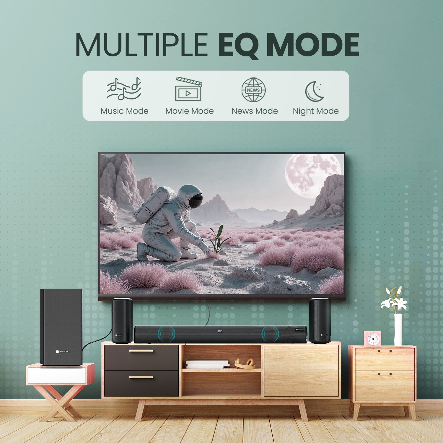 portronics cinearc 5.1 soundbar with subwoofer multiple EQ modes including music mode movie mode news mode and night mode for customized audio | best soundbar for tv with bass treble control | best home theatre under 10000 india