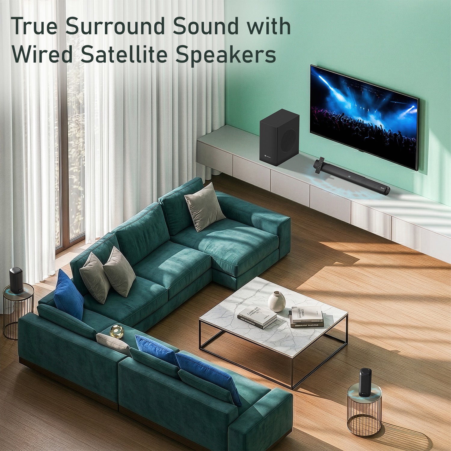 portronics cinearc soundbar with wired subwoofer delivering deep bass low frequency performance for movies music and gaming | best soundbar under 10000 with wired deep bass subwoofer | soundbar with woofer for home theatre india