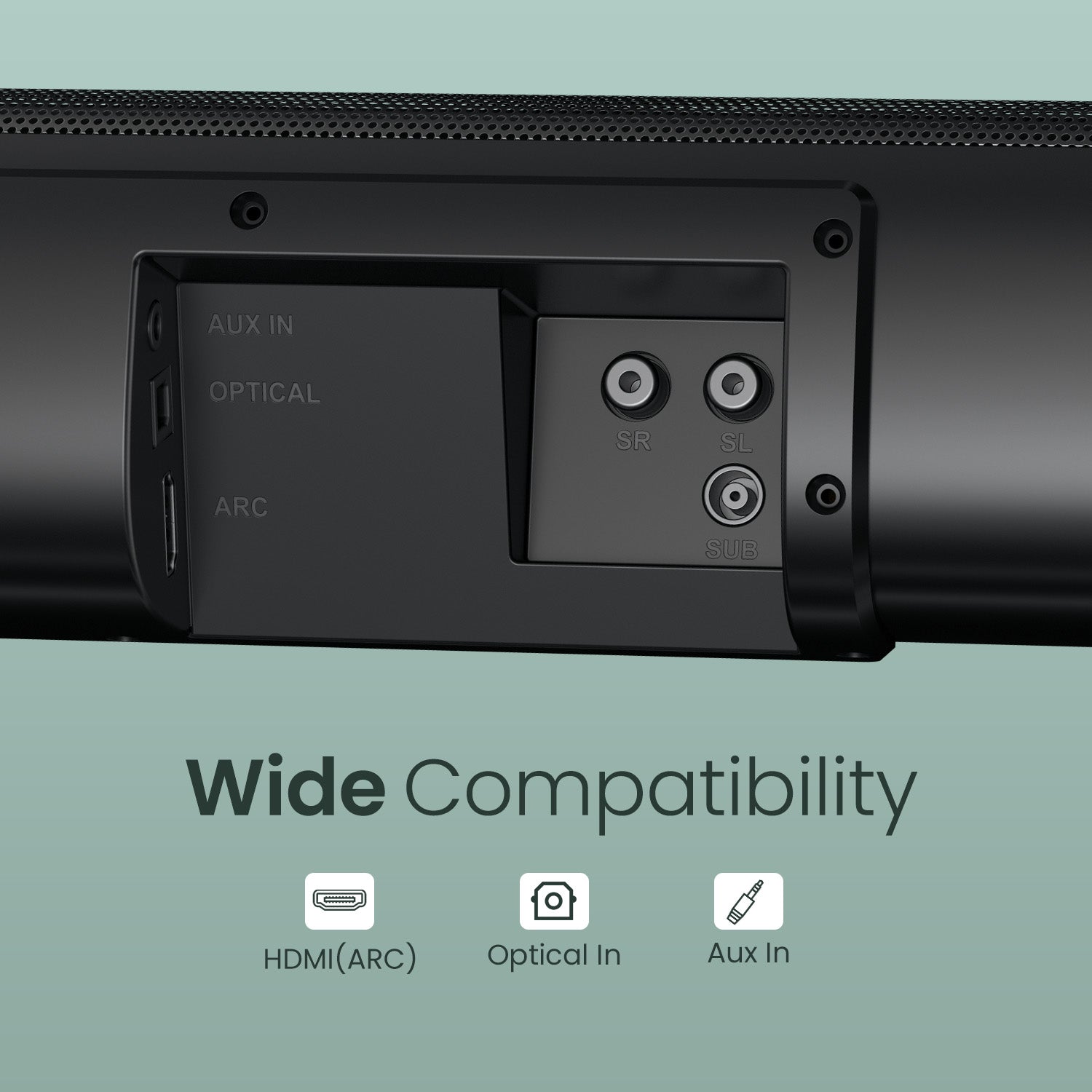 portronics cinearc sound bar system with wide compatibility HDMI ARC optical in and aux in ports for versatile connection with TVs laptops and more | best soundbar for tv with multiple input options | wireless soundbar with subwoofer and HDMI connectivity india