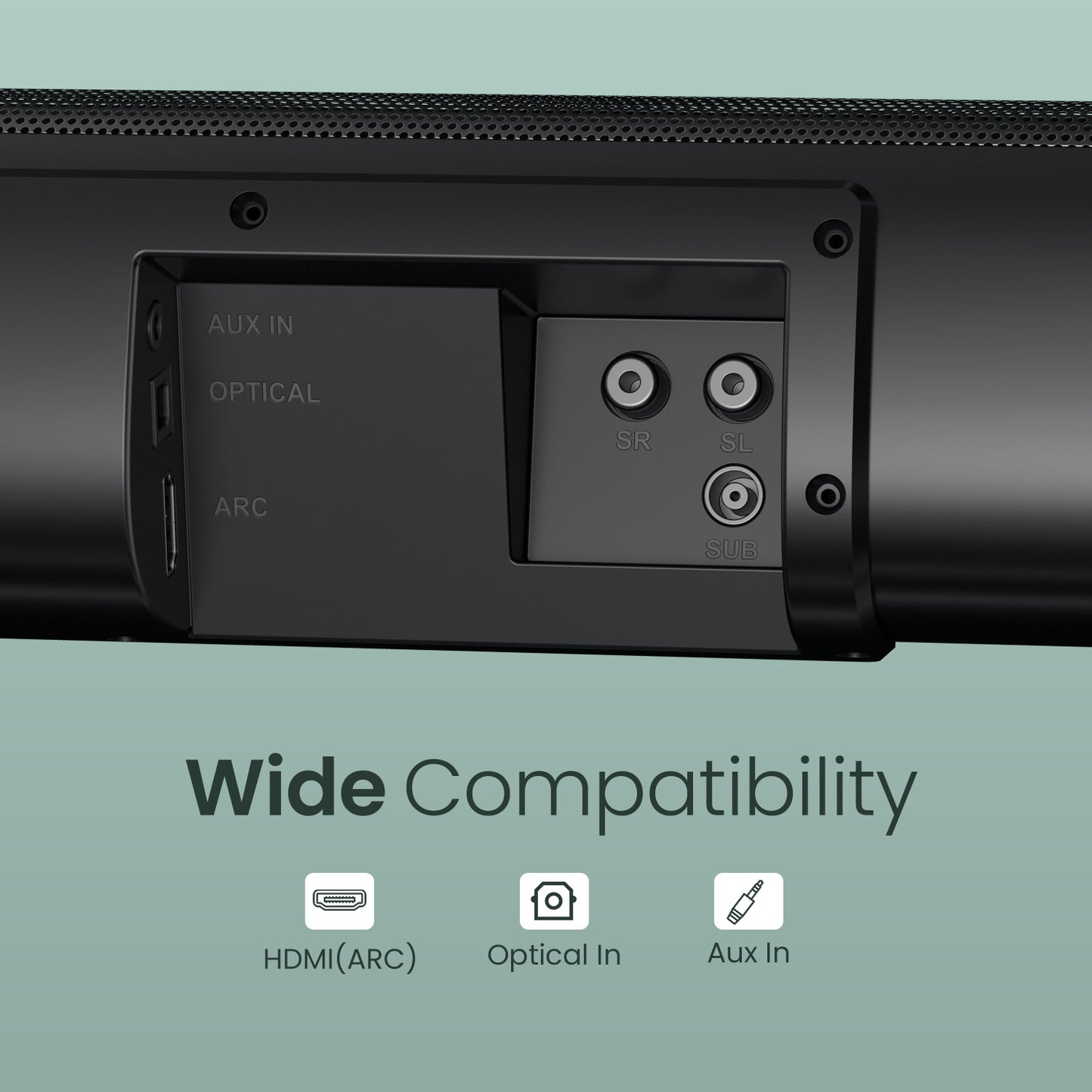 portronics cinearc sound bar system with wide compatibility HDMI ARC optical in and aux in ports for versatile connection with TVs laptops and more | best soundbar for tv with multiple input options | wireless soundbar with subwoofer and HDMI connectivity india