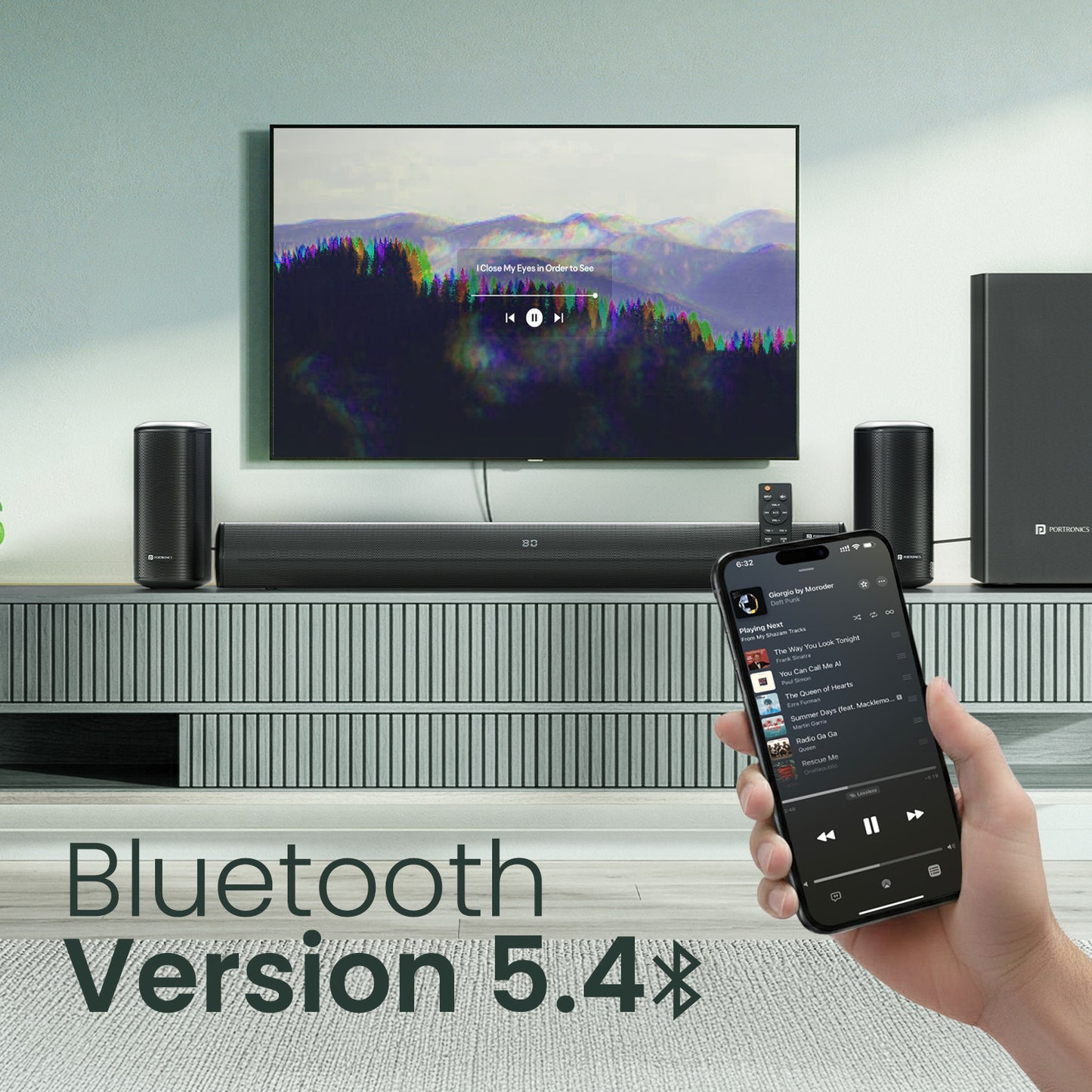portronics cinearc wireless soundbar with bluetooth 5.4 connectivity for seamless streaming from smartphones tablets and laptops | best wireless soundbar for tv with stable bluetooth connection | bluetooth soundbar with wired subwoofer india