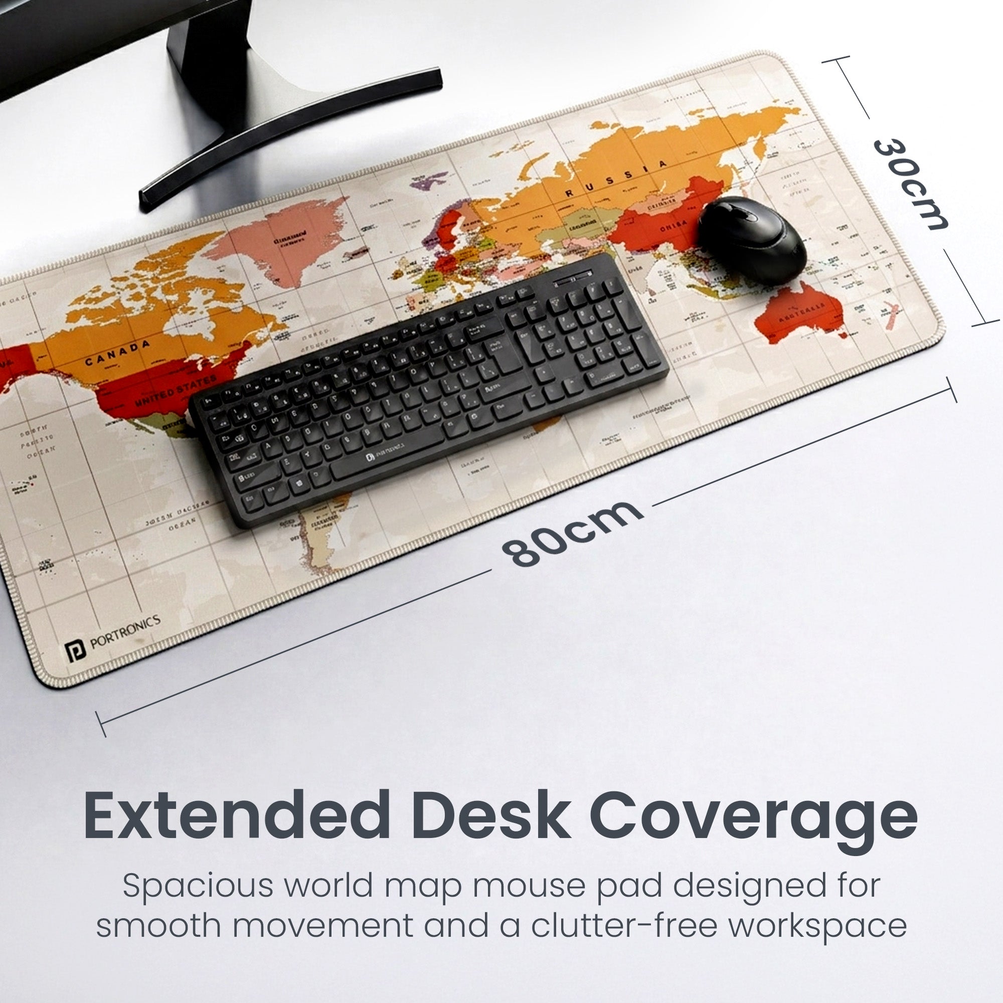 Beige portronics comfipad atlas 80x30cm printed mouse pad flat lay view showing full world map print stitched edges and portronics logo | water resistant xl mousepad for pc and laptop accommodating all computer accessories including keyboard mouse and more | affordable mouse pad price online