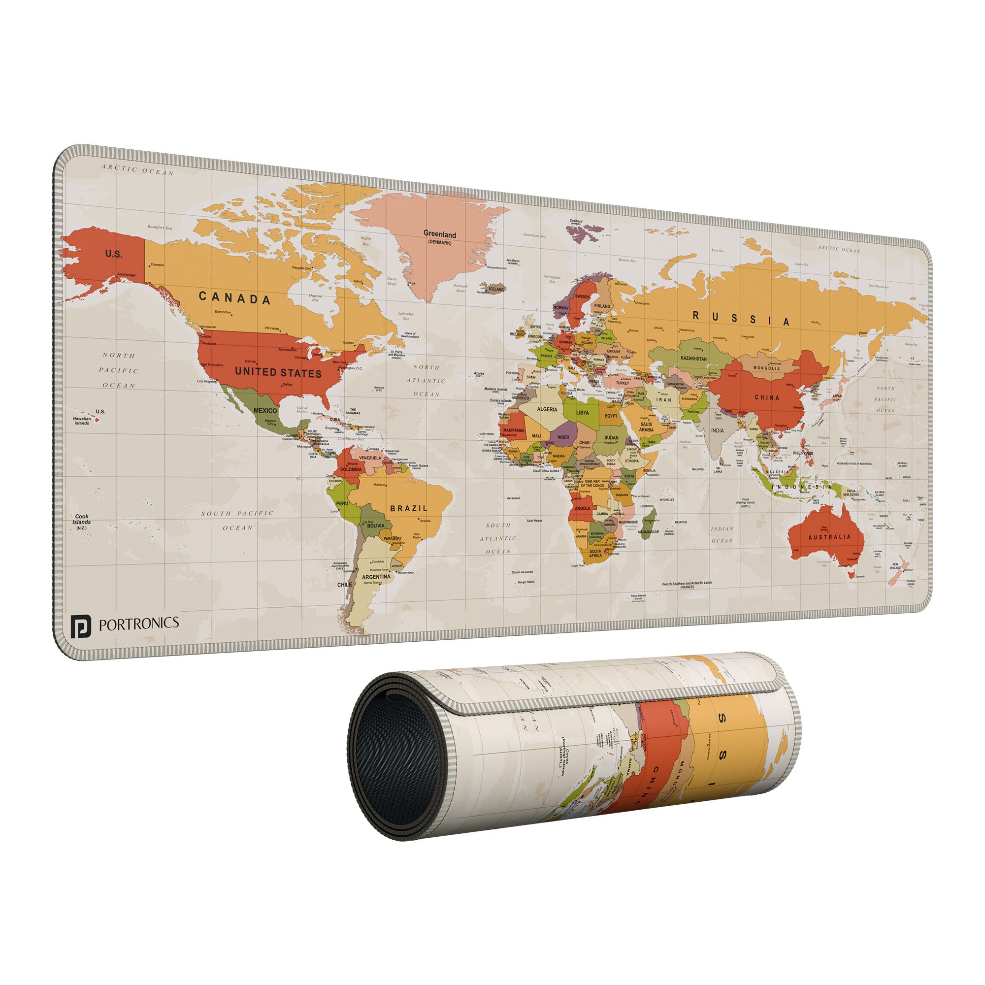 Beige portronics comfipad atlas printed mouse pad xl 80x30cm desk mat with detailed world map design shown flat and rolled | extended gaming mouse pad for laptop and pc with anti slip base and stitched edges | best computer accessories and computer accessories online at great mouse pad price