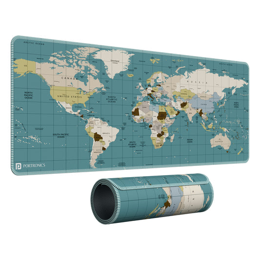 Blue portronics comfipad atlas printed mouse pad xl 80x30cm desk mat with world map design shown flat and rolled | extended gaming mouse pad for laptop and pc with anti slip base and stitched edges | best computer accessories and computer accessories online at affordable mouse pad price