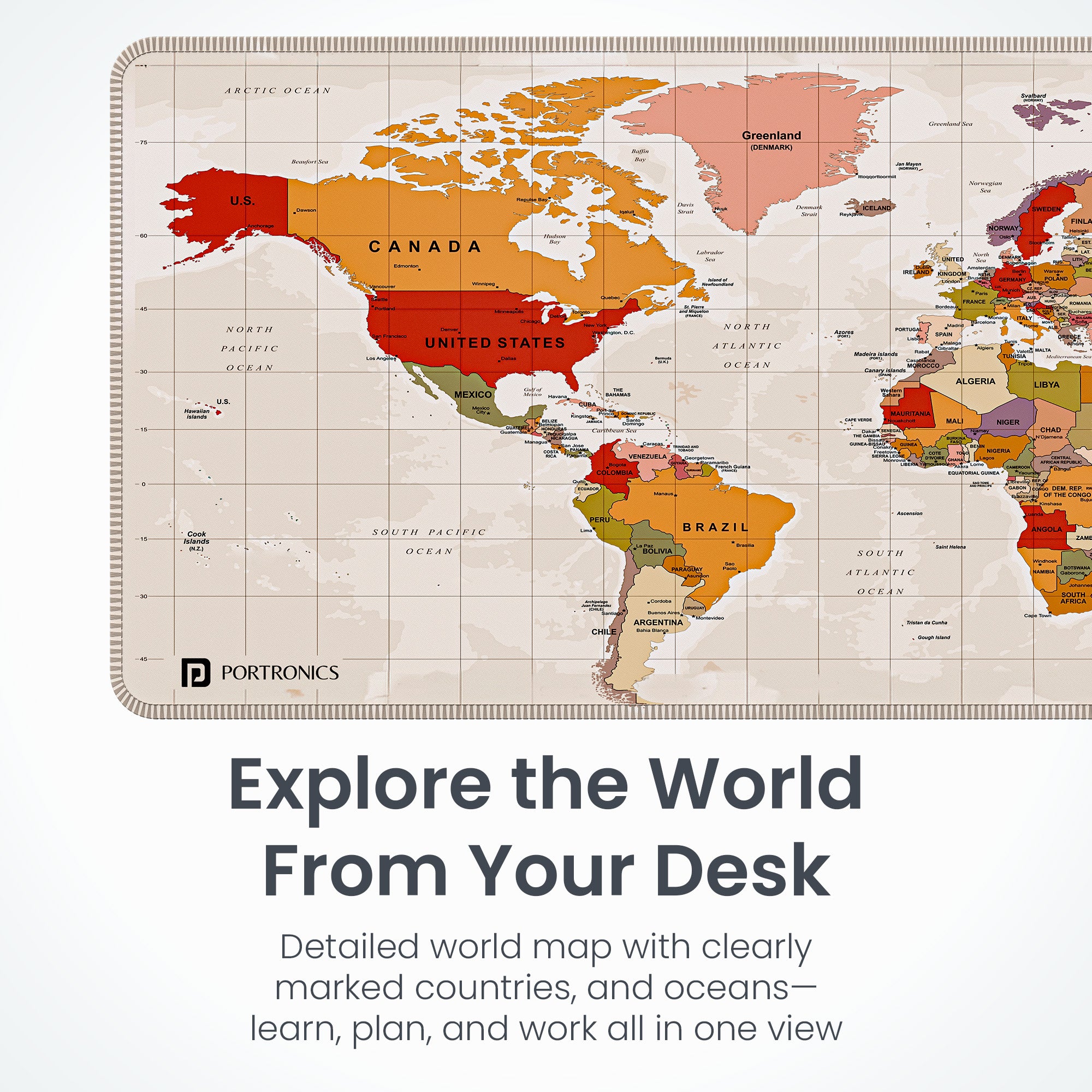 Beige portronics comfipad atlas printed mouse pad world map with countries and oceans marked for learning planning and everyday computer use | premium mousepad for pc and computer accessories for home office and study setups | check mouse pad price online
