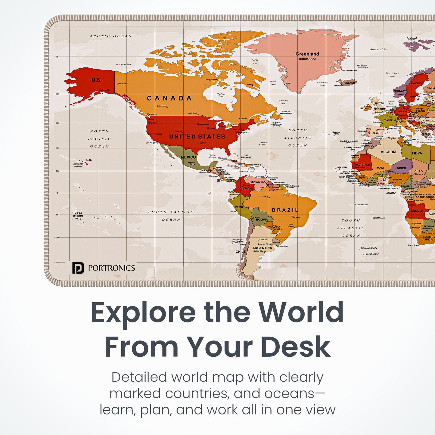 Beige portronics comfipad atlas printed mouse pad world map with countries and oceans marked for learning planning and everyday computer use | premium mousepad for pc and computer accessories for home office and study setups | check mouse pad price online
