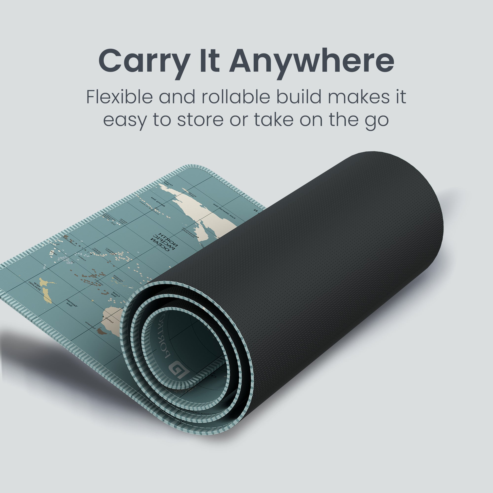 Blue portronics comfipad atlas rollable printed mouse pad showing flexible and portable design ideal for office home and travel use | lightweight gaming mouse pad and mousepad for mouse with easy roll and carry build | best computer accessories online including comfipad atlas and compfipad wrist rest
