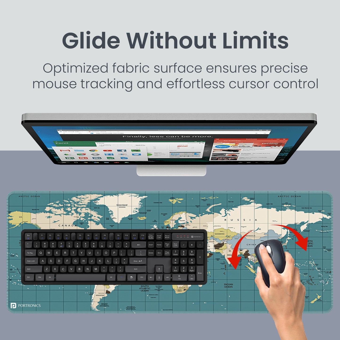 Blue portronics comfipad atlas xl printed mouse pad in real desk setup with wireless mouse keyboard and monitor showing optimized fabric surface for precise mouse tracking and effortless cursor control | extended gaming mouse pad for laptop and computer | best computer accessories and computer accessories online
