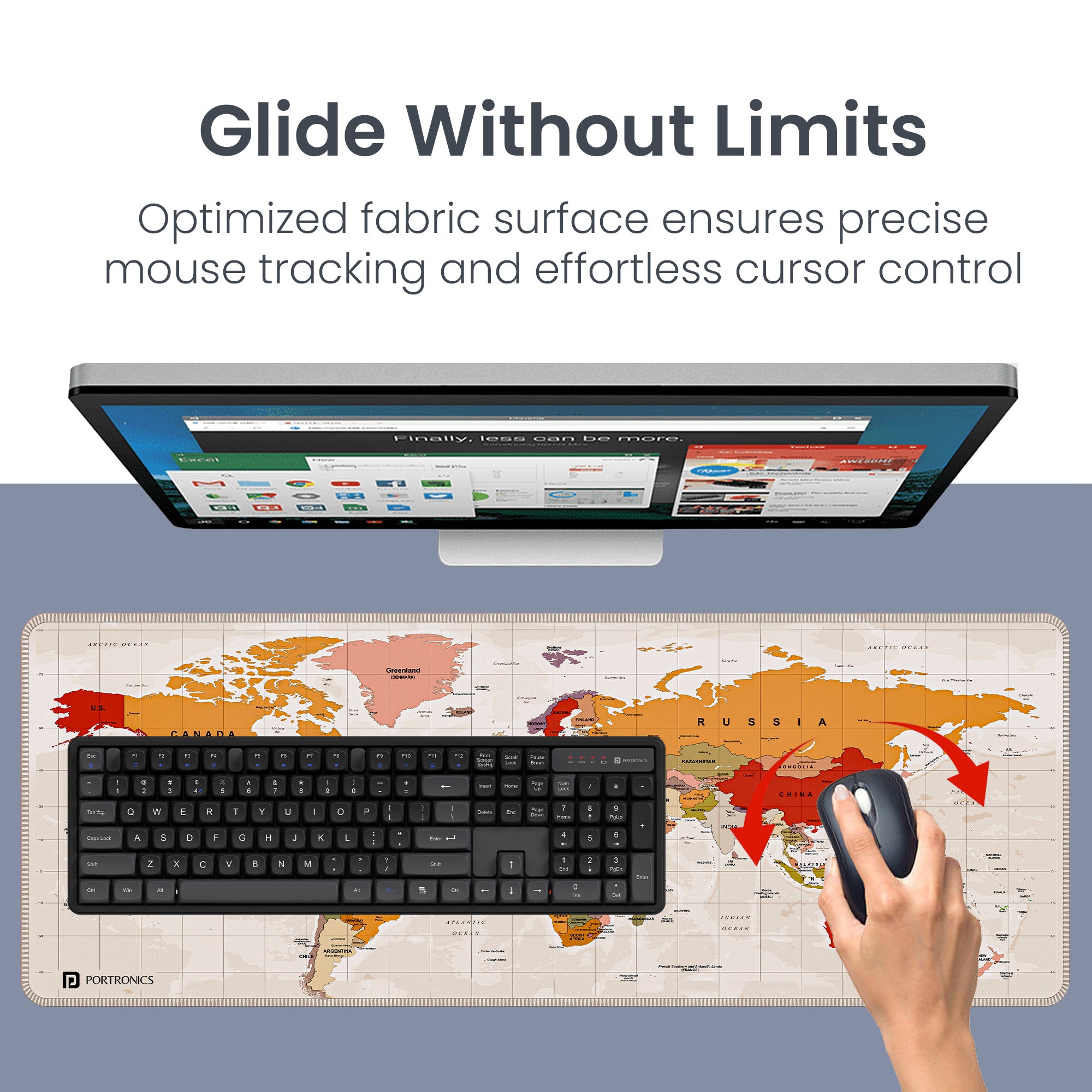 Beige portronics comfipad atlas xl printed mouse pad in clean workspace setup with wireless mouse keyboard and desktop monitor showing smooth fabric surface for precise tracking | best gaming mouse pad for laptop and computer accessories for work and gaming | top computer accessories online